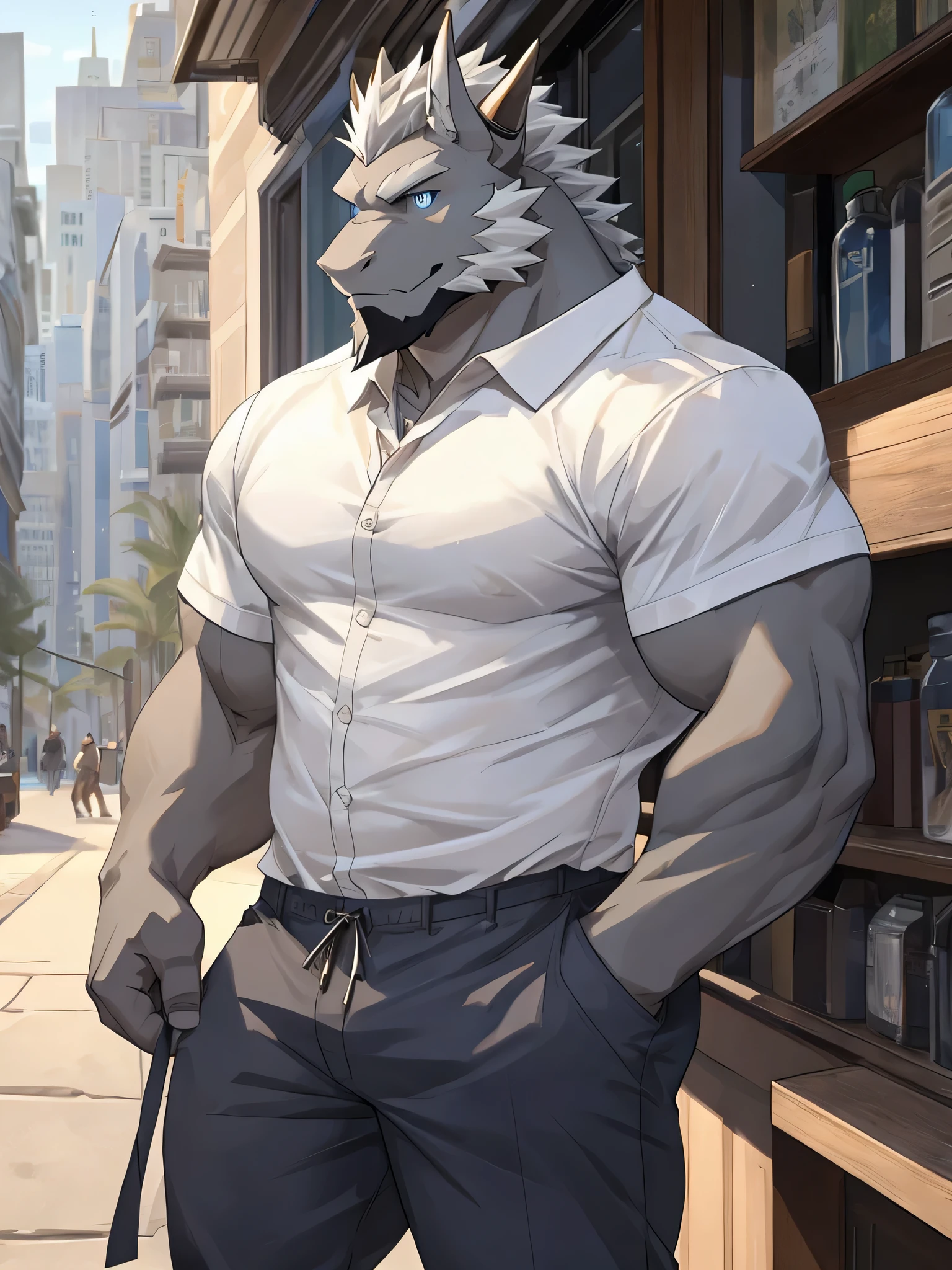 masterpiece, alone, Furry gray dragon, aldult, gray fur, Gray beard, blue eyes, gray short hair, muscular body, nice, Handsome, fiercely, casual shirt, casual pants, cool pose.