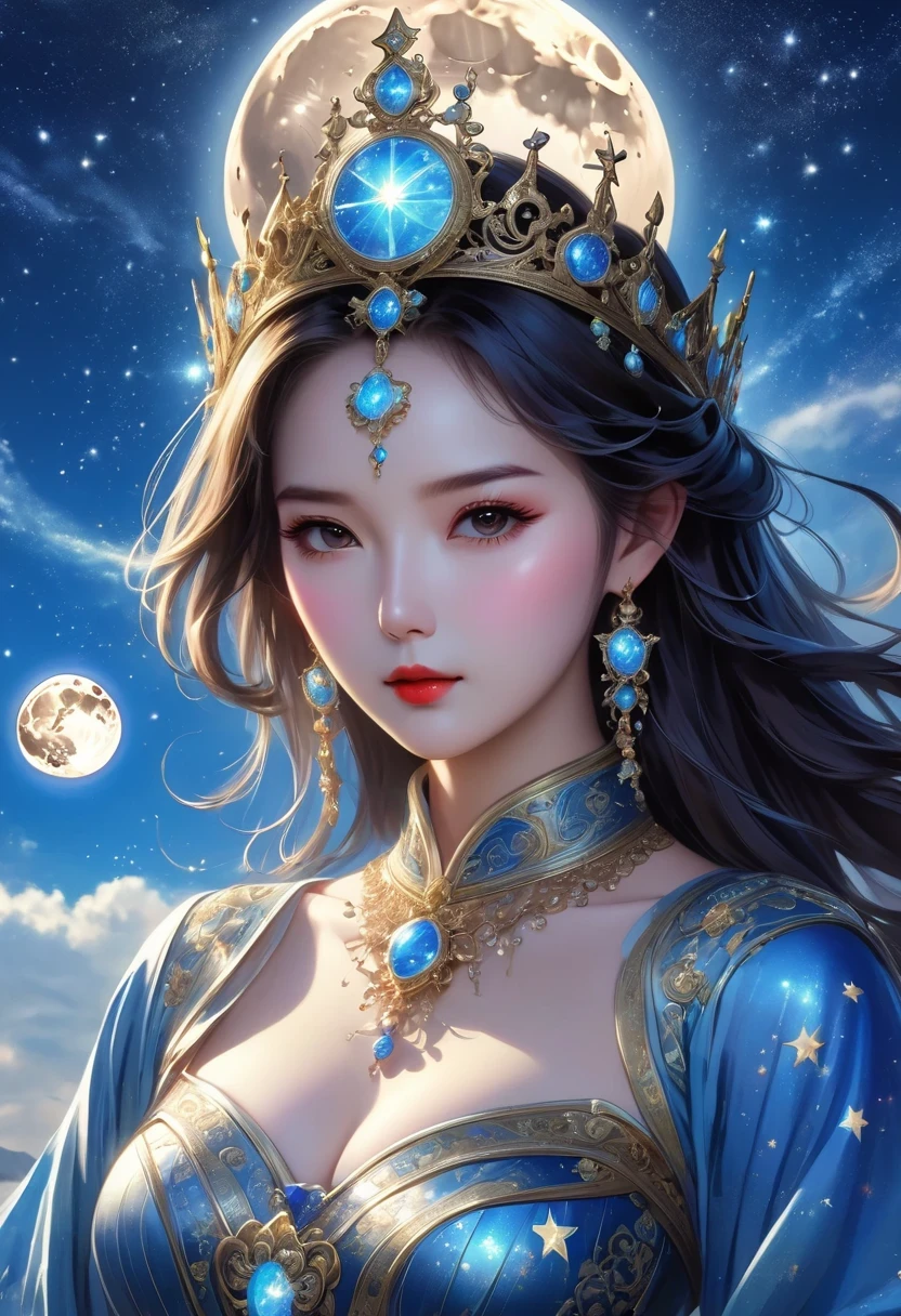 tarot cards, Complete tarot cards border,(Best image quality),1 girl,Dressed in Queen's Clothing,(Full body female love),scepter in hand,wear a crown on your head,(Perfect body),(Perfect facial depiction),Blue starry sky,(Very large moon close-up),Star(sparkling),clothing(Shiny),(masterpiece),(8k wallpaper),myth,fantasy theme,Surrealism,realistically