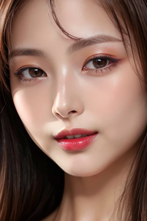(highest quality、8K、best image quality、Award-winning work)、(one young girl, :1.3)、(red eyeshadow:1.2)、perfect makeup、long eyelashes、Super high-definition sparkling eyes、ultra high definition hair、ultra high resolution glossy lips、Super high resolution perfect teeth、Super high resolution cute face、brown hair、(very long straight hair:1.1)、look at me and smile、[clavicle]、accurate anatomy、(close up of face:1.5)、Luxury love hotel、(The most moody warm lighting:1.2)、blurred background、Super high-resolution glossy and moisturized face、Super high resolution glowing skin、most detailed face、Ultra high resolution detailed faces、ultra high resolution hair、Super high resolution sparkling eyes、Beautiful face drawn in every detail、Super high resolution glossy red lips、(((Naked 1.5)))、(((full nude 1.5)))、(Photo 1 above the waist.5)、