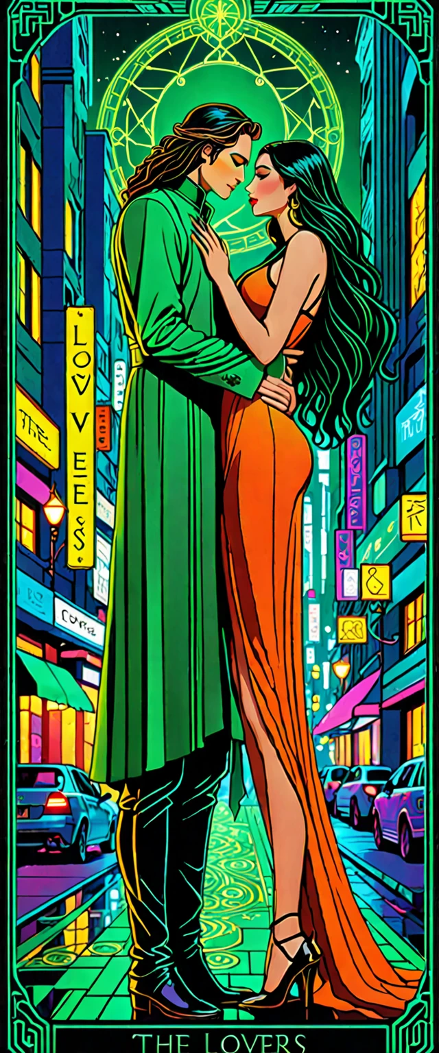 Tarot cards, (The lovers tarot card),  (bordered tarot card style), cyberpunk style, bright and warm colors,, The lovers stands together in bright futuristic city, romantic couple, The lovers standing together, tender embrace, passionate kiss, loving gaze, elegant attire, fashionable cyberpunk outfits, expressive eyes, luscious lips, long flowing hair,, green card border, (the word THE LOVERS) inscription detailed, 8k,
