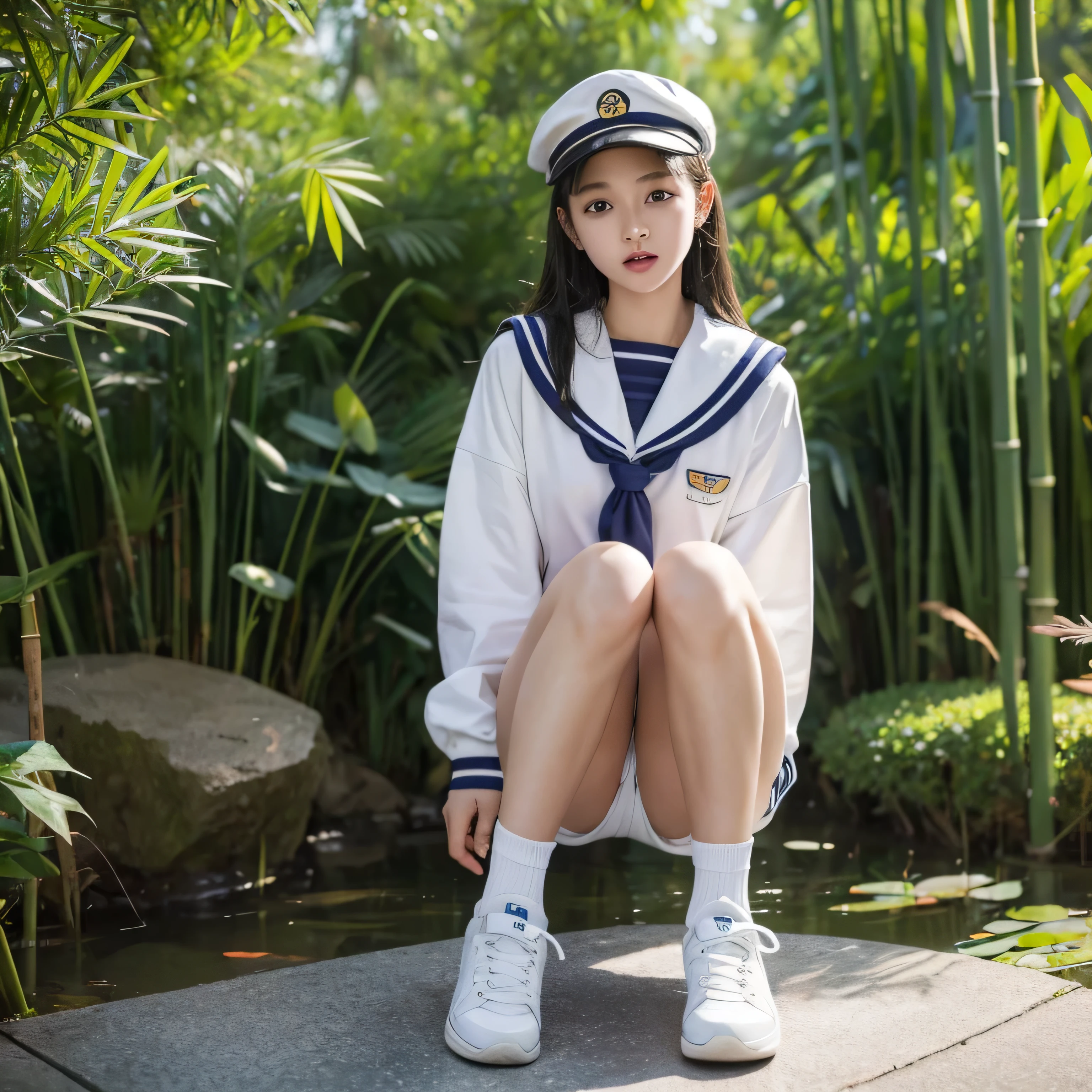 1 female,,student,long legs,Big breasts and thin waist,Slim,Big breasts ,exposure, solo,(background with:bamboo forest,lotus,lotus,Exterior,Lotus Pond) She has short silver-white hair,stand up,Sweating,Soaked all over,View from the front, straight hair, The sky is mainly cloudy,(((masterpiece),(Very detailed CG unified 8k wallpaper),best quality,movie lighting,detailed background,Beautiful and delicate eyes,bright pupils,black eyes,(Very delicate and beautiful),(Beautiful and detailed eye descriptions),Super detailed,masterpiece,)),face camera,high resolution,Super detailed),violent house,exposed genitals, convex,legs are open,convex sexy,camel toe,face,open mouth,street frontage,high school student,sailor hat(wear:China,Sailor suit,girl collar,sexy shorts,sports shoes)Full body image,show shoes