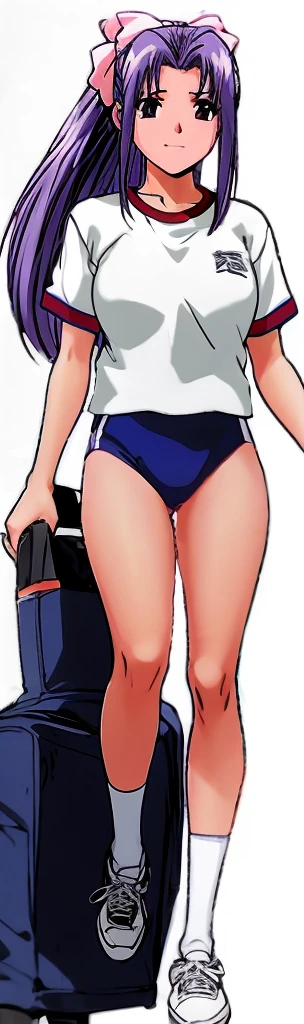 Momoko Koigakubo, who is tall and has beautiful legs, is wearing a white gym uniform and bright blue panty-shaped bloomers, and is smiling, spreading her legs to the side, and opening her mouth in a Komanechi pose.。