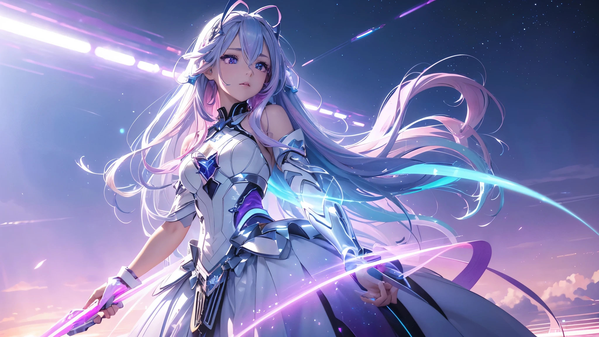 a goddess of light, (Silver blue hair streaked pink purple:1.4), (Gradient sky blue hair ends:1.6), hair strand, absurdly long hair, single sidelock, wavy hair, shiny hair, floating hair, (glowing Illusion deep purple eyes), delicate eyes, aqua eyes, High like real eyes, ((glowing eyes)), makeup, Focus on face, Very detailed facial, hot body, Random environment, Random pose, on the street, looking at the starry night sky, meteor, glowing clothing masterpiece, pure White extra long floating skirt, several glowing colored cross stars beside, Colored lights swirl around the body, (((glowing Extra large Illusion multiple complex magic circle stand upright floating on the back of the head))), full body shot, realism, chiaroscuro, (glowing light), sparkle, ray tracing, cinematic lighting, Futurism, motion blur, Ultra-Wide Angle, god rays, atmospheric perspective, best quality, UHD, super detail, masterpiece, highres, ccurate, retina