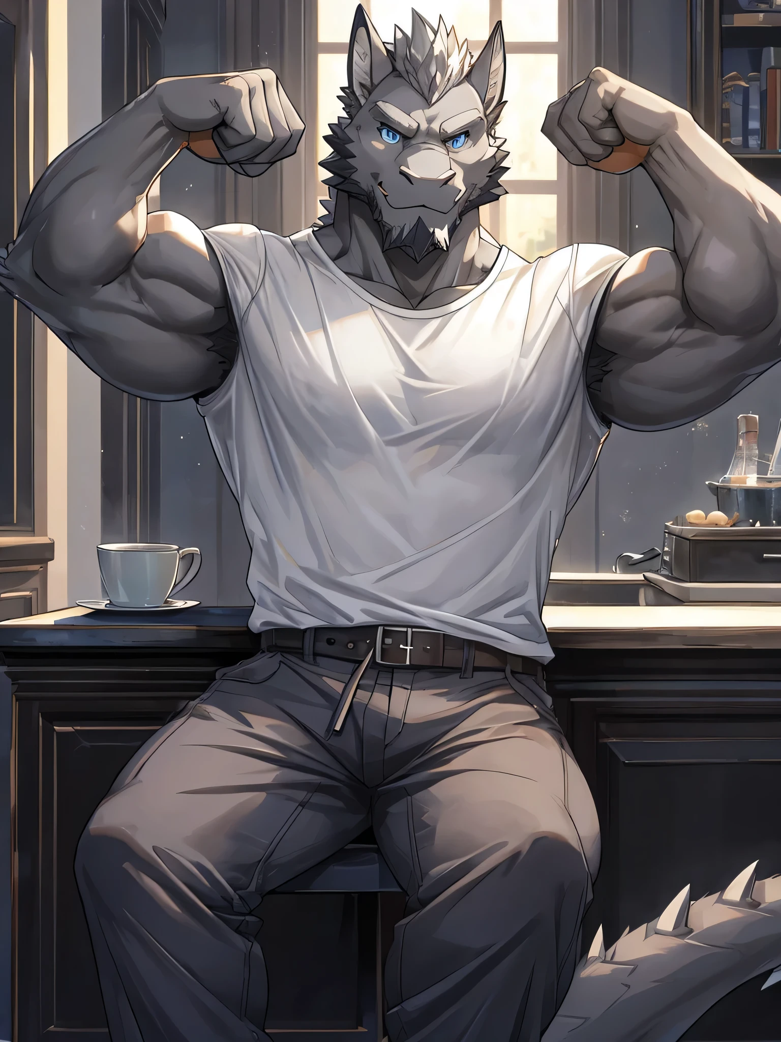 masterpiece, alone, Furry gray dragon, aldult, gray fur, Gray beard, blue eyes, gray short hair, muscular body, nice, Handsome, fiercely, casual shirt, casual pants, cool pose, sit, flexing his biceps