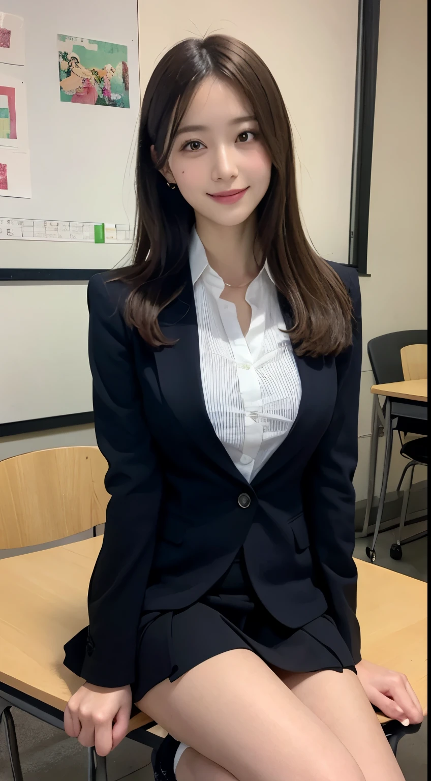masutepiece, Best Quality, Illustration, Ultra-detailed, finely detail, hight resolution, 8K Wallpaper, Perfect dynamic composition, Beautiful detailed eyes, ,Medium Hair, Big breasts, Natural Color Lip, Random and sexy poses,Smile、20 years girl、 After-school classroom、 high school giller suit、a miniskirt、Loose socks、