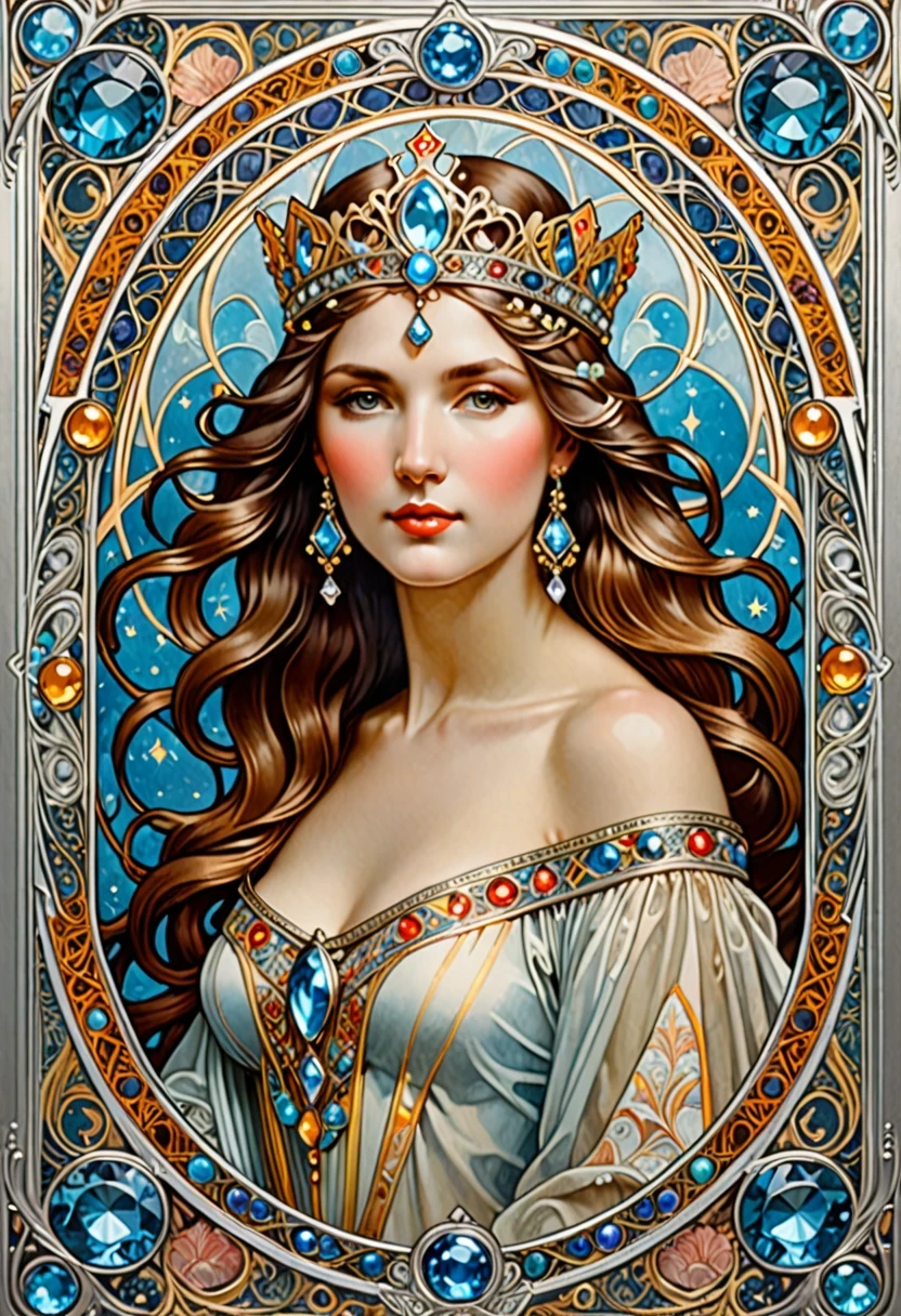 (masterpiece, best quality, 8K, high resolution, actual, detailed), tarot cards, queen pattern, Silver card frame with gemstones, fantasy art, fair, aesthetics, , Alphonse Mucha style,