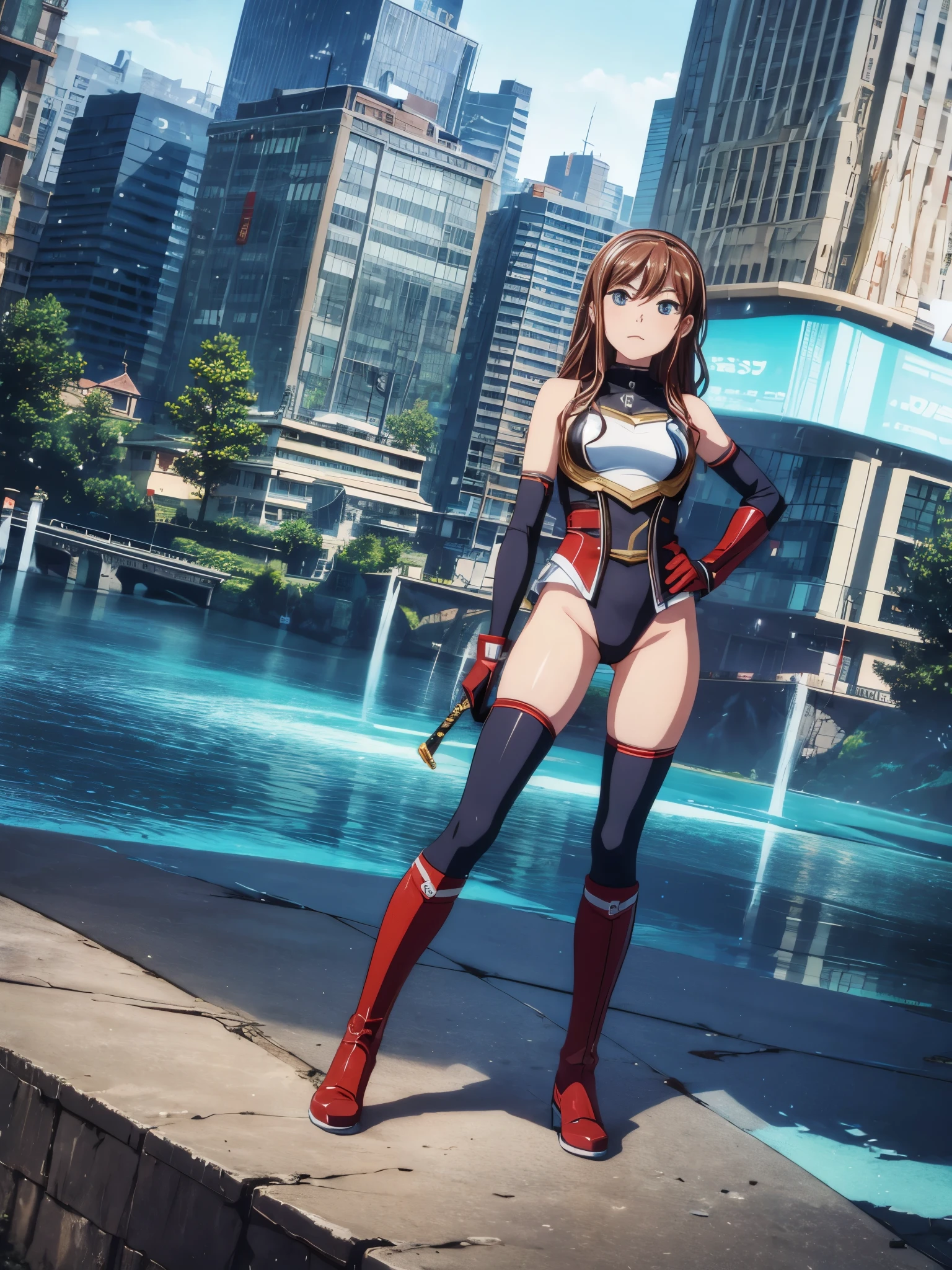 masterpiece, best quality, solo, solo focused, Lisa Imai, superhero, leotard, bare legs, boots, gloves, standing straight, hands on hip, city backdrop