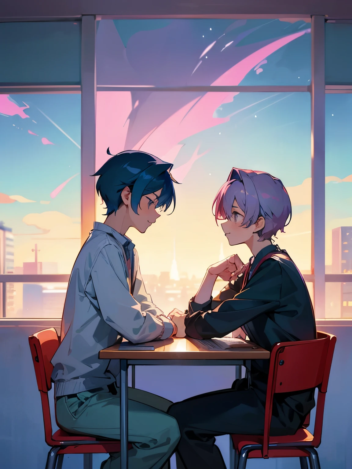 cartoon of two boys sitting at a table with a book and a backpack, ddlc, in the art style of 8 0 s anime, 9 0 s anime style, 90s anime style, in anime style, in an anime style, anime aesthetic, anime vibes, 9 0 s anime aesthetic, 9 0 s anime art style, lofi boy, typical anime classroom, beautiful background window, two cute boys, beautiful faces, two boys, don't extra hands, NO extra hands, generate two boys with NO extra hands 
