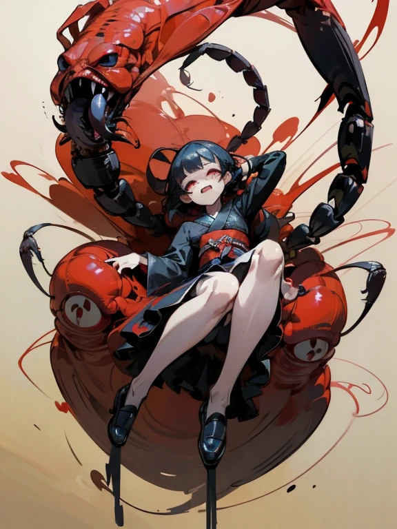 wide shot、girl riding a scorpion、（girl wearing kimono）、（red scorpion）、 scribble, nightmare, doll-like face, cartoon style, rough sketch, Horror elements, (masterpiece), (High resolution), (super delicate), (clear), Comic style illustration, (drawing style), jumpscare, (Horror elements), Japanese painting, 