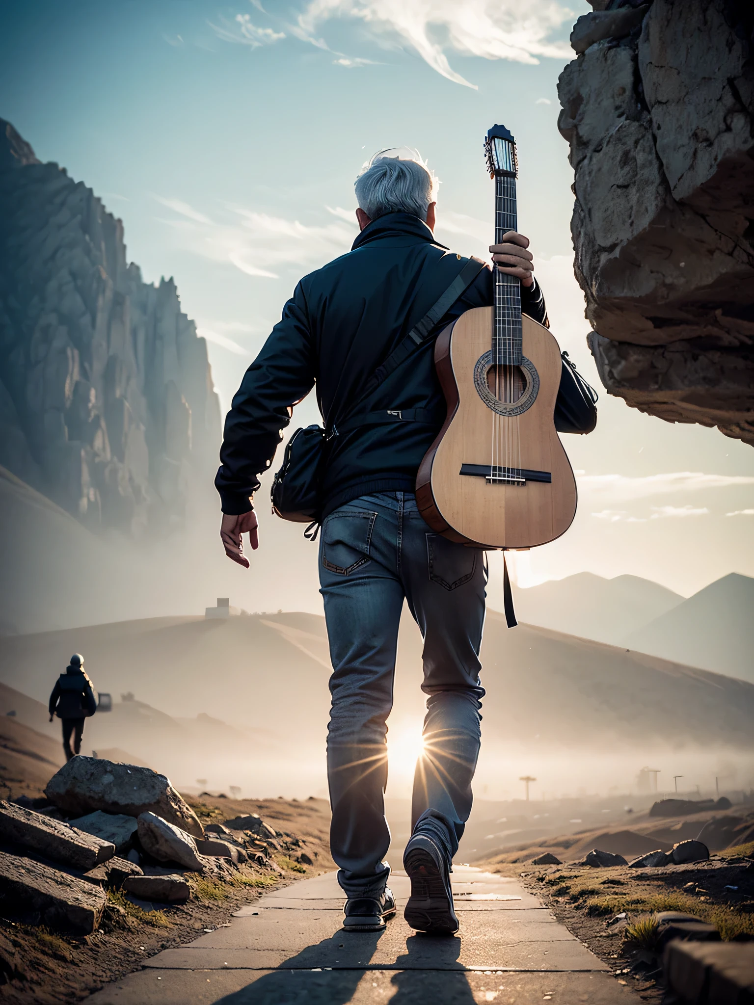 Movie poster style, in the distance you can see the full body of a 65-year-old man with a classical guitar, dressed in full-length autumn clothing walking forward looking at the camera, climbing a hillside, wearing a black baseball cap, glasses. short white hair and short white beard, ((he carries a classical guitar hanging on his back)). Behind the man is a blurry figure of a huge white bird taking flight in the fog. In the background, a dystopian and destroyed desert city. High definition, realistic, intricate details, 32k. Cinematographic poster.