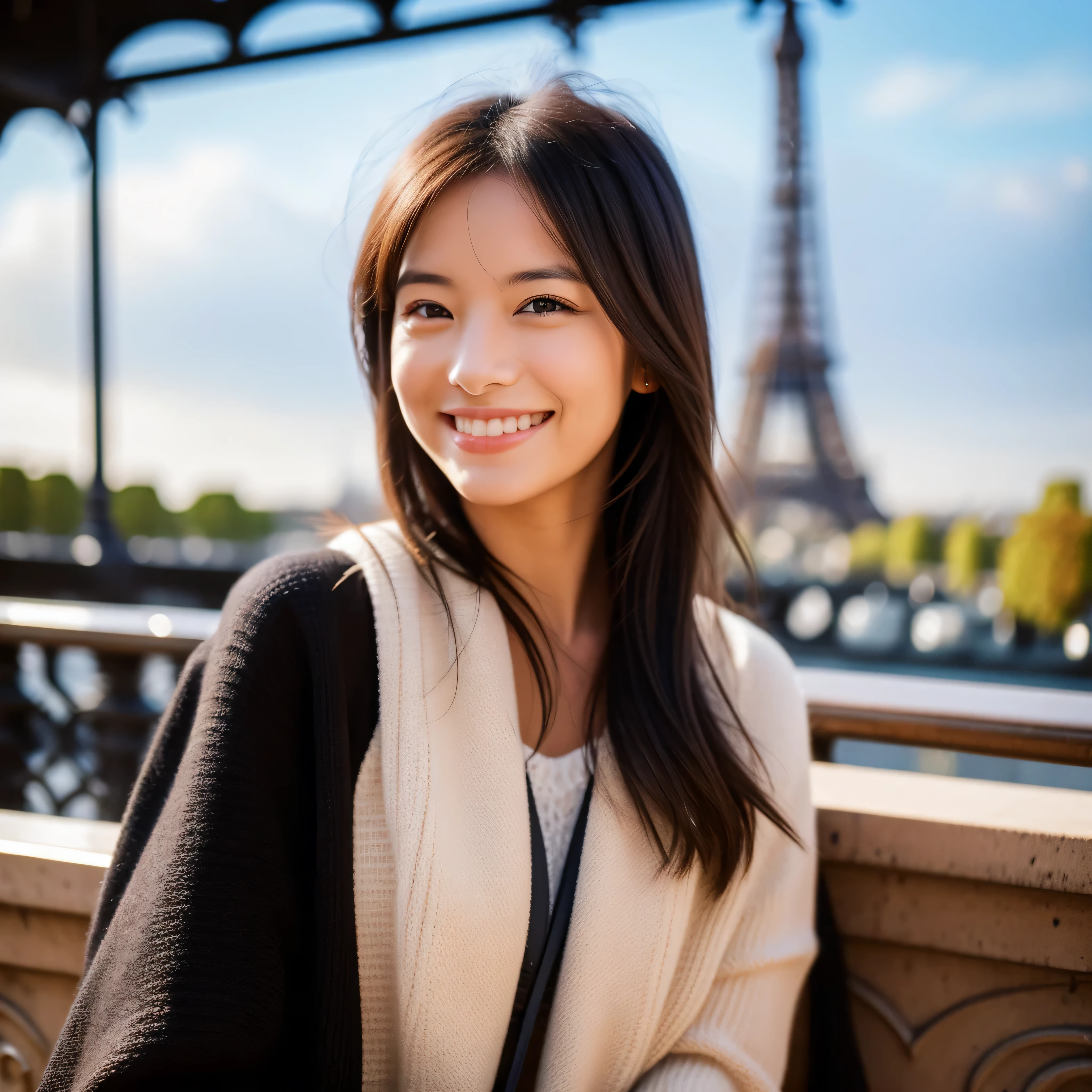 A realistic woman looking at camera and smiling. And a Paris background.