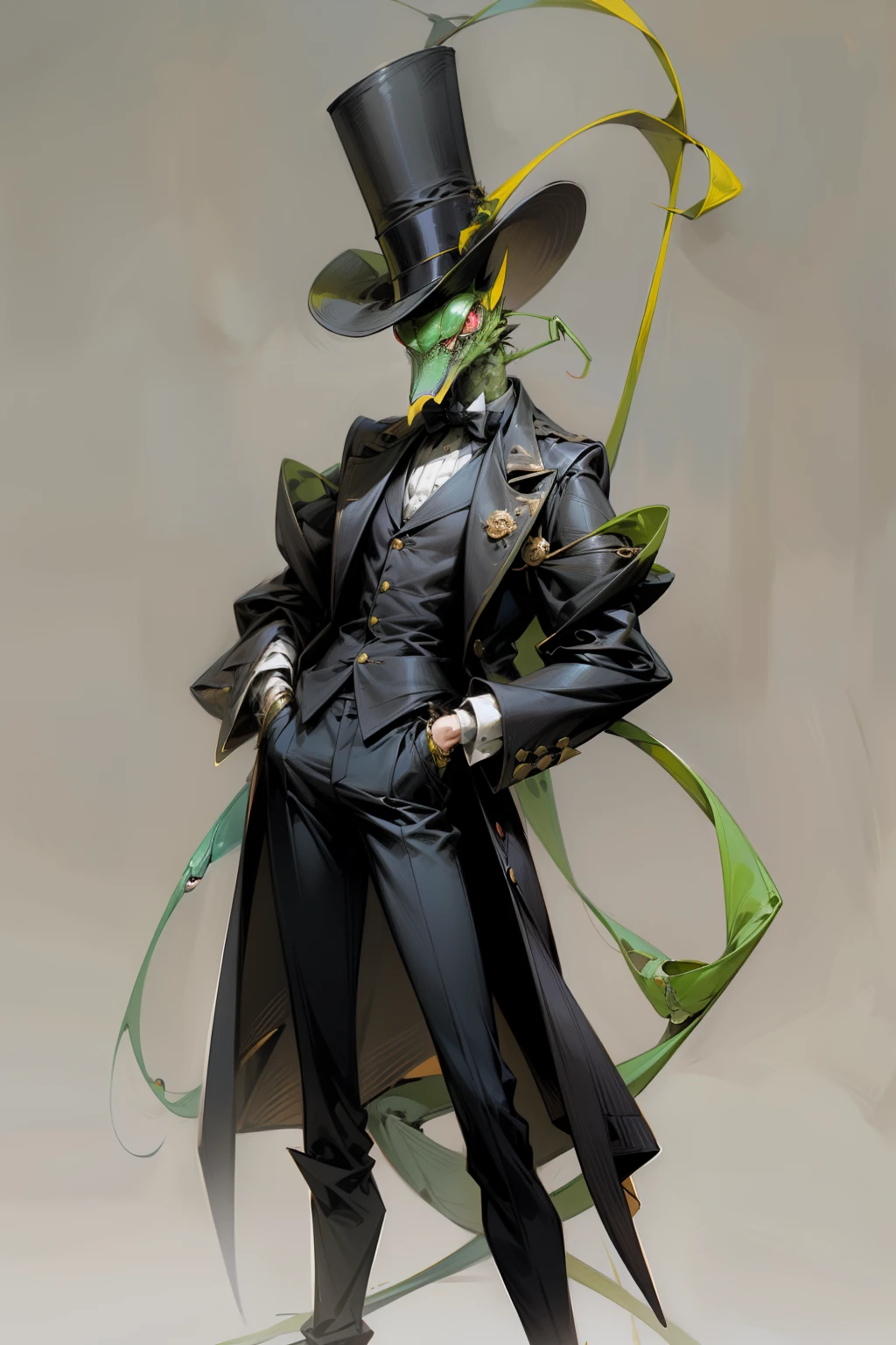 The anthropomorphic praying mantis, with its furry appearance, stands tall and proud, donning a stylish black top hat. His classic attire is devoid of footwear, highlighting the elegance of his 4-legged stance secured by a simple rope. A single, round lens replaces his right eye, granting him an air of mystery and intrigue.