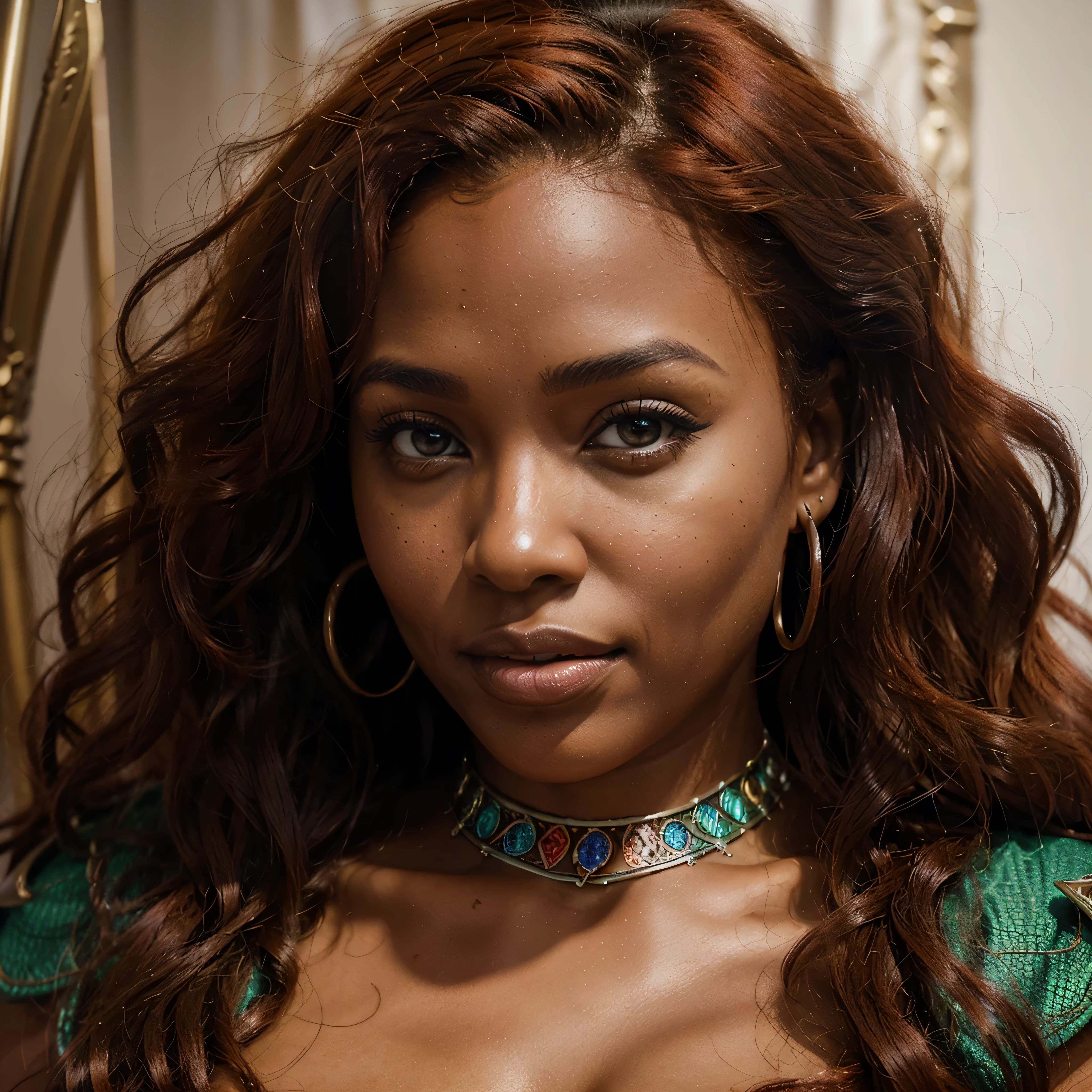 8K, RAW picture, Young african woman, pin-up girl, close-up, portrait, green eyes, stockings, dark red hair, lot of jewellery, dark background, detailed busy background