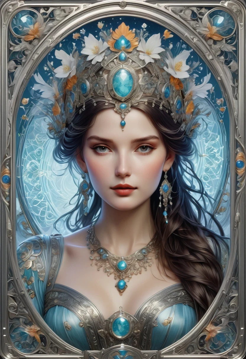 (masterpiece, best quality, 8K, high resolution, actual, detailed), tarot cards, queen pattern, Silver card frame with gemstones, fantasy art, fair, aesthetics, , Alphonse Mucha style,