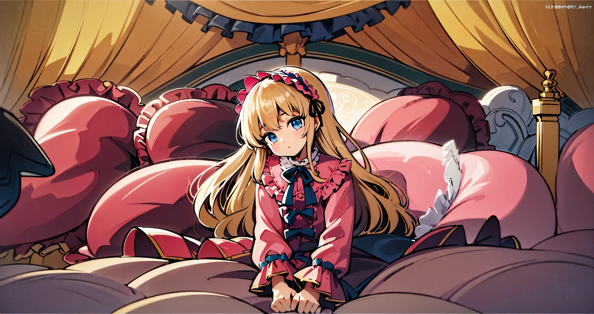 ,highest quality, masterpiece, highest resolution, artwork, super それにget used to it, many get used to it, get used to it, それにget used to it, 3K anime illustration,(( 10 year old girl)),Super detailed baby face,high quality small face,blue eyes,白い肌のeuropean,pajamas, european,(((super long blonde hair))),curly hair,blue eyes,((((ピンクのロリータファッションのlong skirtのワンピースドレス)))),((Pink nightgown with lots of frills and ribbons),((A luxurious nightcap with frills and ribbons)),detailed headdress,,(((big yoke collar))),Yoke collar with ruffles and ribbons,((((long sleeve)))),ruffle sleeves,((((long skirt)))),white ruffle and lace socks,large frill and ribbon pillow,(((Nice pink outfit))),豪華なcanopy bedの上,canopy bed,The bed is surrounded by luxurious curtains,many frilly pillows on the bed,There are many frilly pillows behind the girl.,super detailed background,detailed bed,soft pink comforter,Highly detailed soft ruffle pillow,Beautiful girl illustration,detailed beautiful face,thin hair,detailed eye ,detailed eyes,detailed mouth, arm details,fine hands,Detailed pillow,wide bed,Illustration on the bed, ,((((round futon)))),((((A large ruffled futon that covers the entire bed)))),detailed comforter,detailed bedシーツ,Before bedtime,romantic atmosphere,palace bedroom,((((The lower half of the body is hidden under the futon and the puffy skirt.......)))) The girl is leaning on a pile of pillows, ,((((round futon)))),((((A large ruffled futon that covers the entire bed)))),((((not wearing shoes)))),