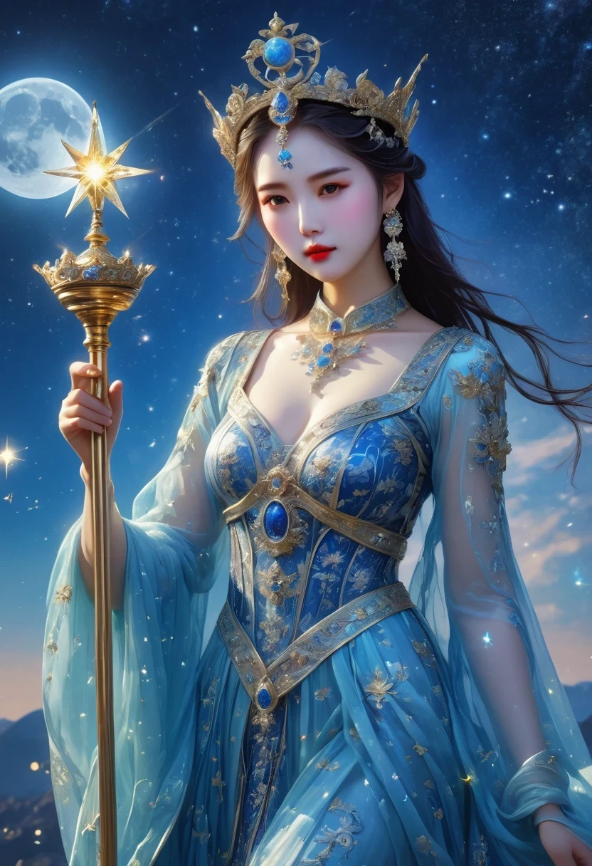 tarot cards, Complete tarot cards border，（Best image quality），1 girl，Dressed in Queen&#39;s Clothing，（Full body female love），scepter in hand，wear a crown on your head，（Perfect body），（Perfect facial depiction），Blue starry sky，（Very large moon close-up），Star（sparkling），clothing（Shiny），（masterpiece），（8k wallpaper），myth，fantasy theme，Surrealism，realistically