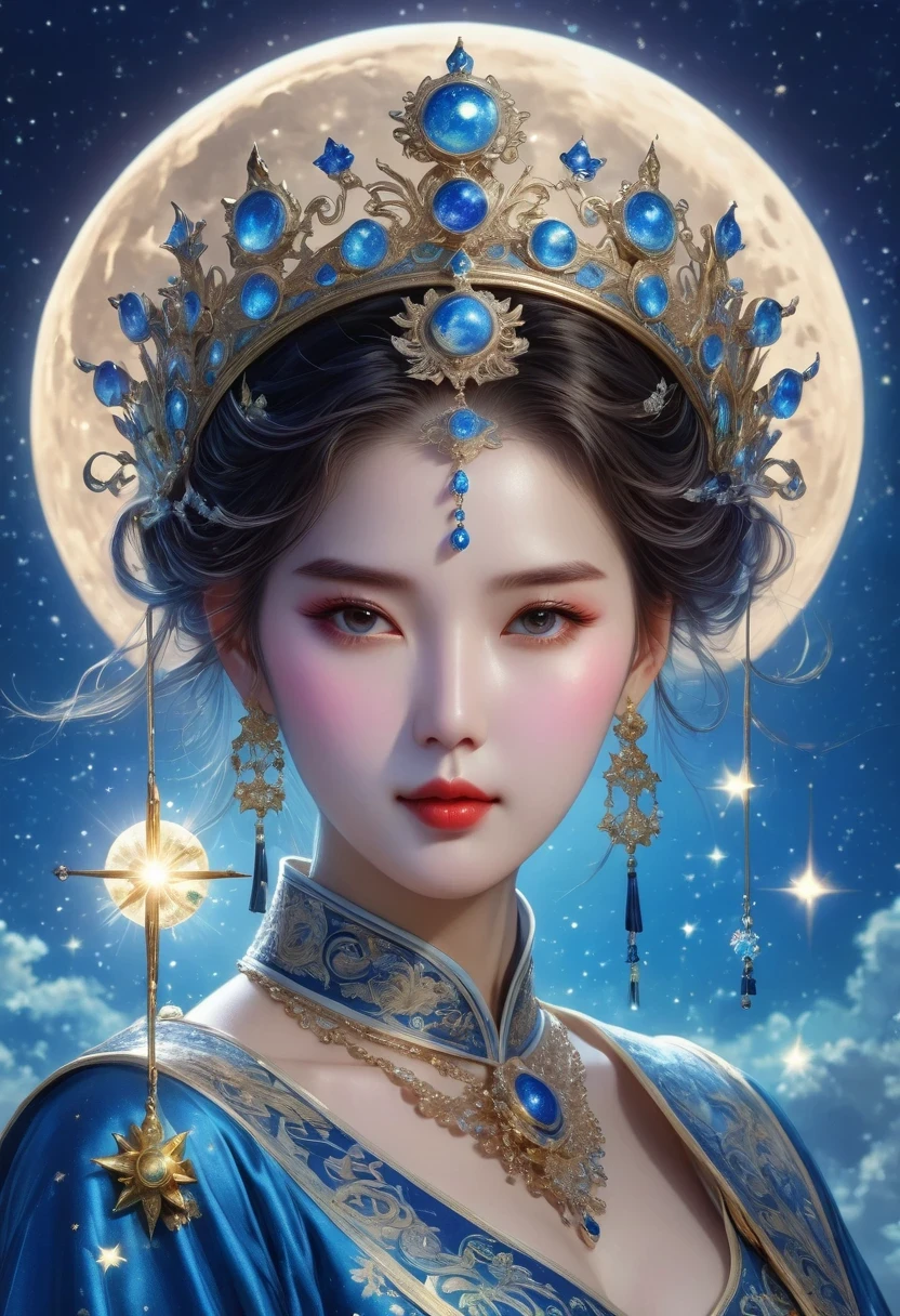 tarot cards, Complete tarot cards border，（Best image quality），1 girl，Dressed in Queen&#39;s Clothing，（Full body female love），scepter in hand，wear a crown on your head，（Perfect body），（Perfect facial depiction），Blue starry sky，（Very large moon close-up），Star（sparkling），clothing（Shiny），（masterpiece），（8k wallpaper），myth，fantasy theme，Surrealism，realistically