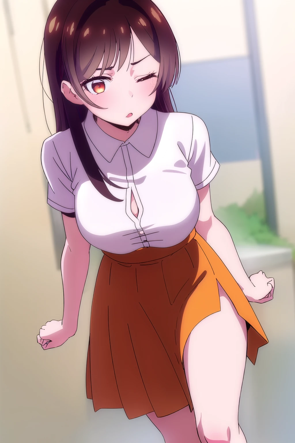 (1 girl), (orange eyes), (intricate iris details), (front), (sexy girl with sexy look dressed in a shirt and a skirt), (lowers her eyes), (Chizuru Mizuhara), (White background)