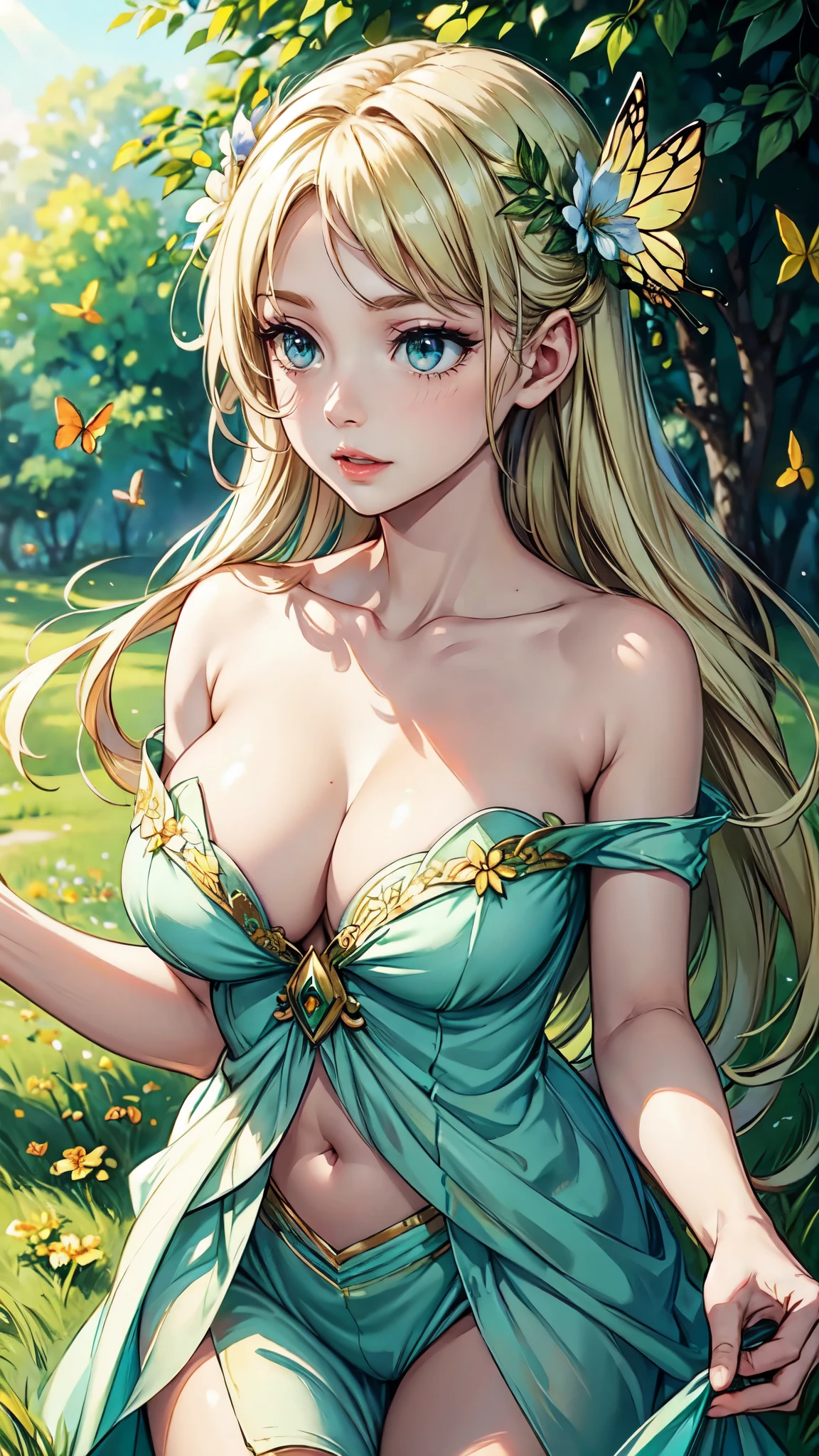 fantasy girl,detailed face,detailed eyes,lush green grass,abundant colorful flowers,soft sunlight,enchanted atmosphere,butterflies flying around,delicate petals floating in the air,ethereal beauty,harmonious colors,impressive level of detail,imagination and creativity,airy and dreamlike,soft and gentle,storytelling quality,best quality,ultra-detailed,realistic,bokeh