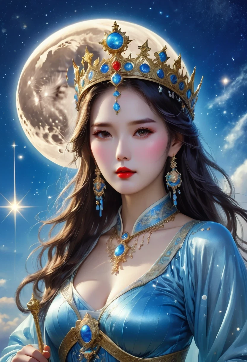 tarot cards, Complete tarot cards border，（Best image quality），1 girl，Dressed in Queen&#39;s Clothing，（Full body female love），scepter in hand，wear a crown on your head，（Perfect body），（Perfect facial depiction），Blue starry sky，（Very large moon close-up），Star（sparkling），clothing（Shiny），（masterpiece），（8k wallpaper），myth，fantasy theme，Surrealism，realistically