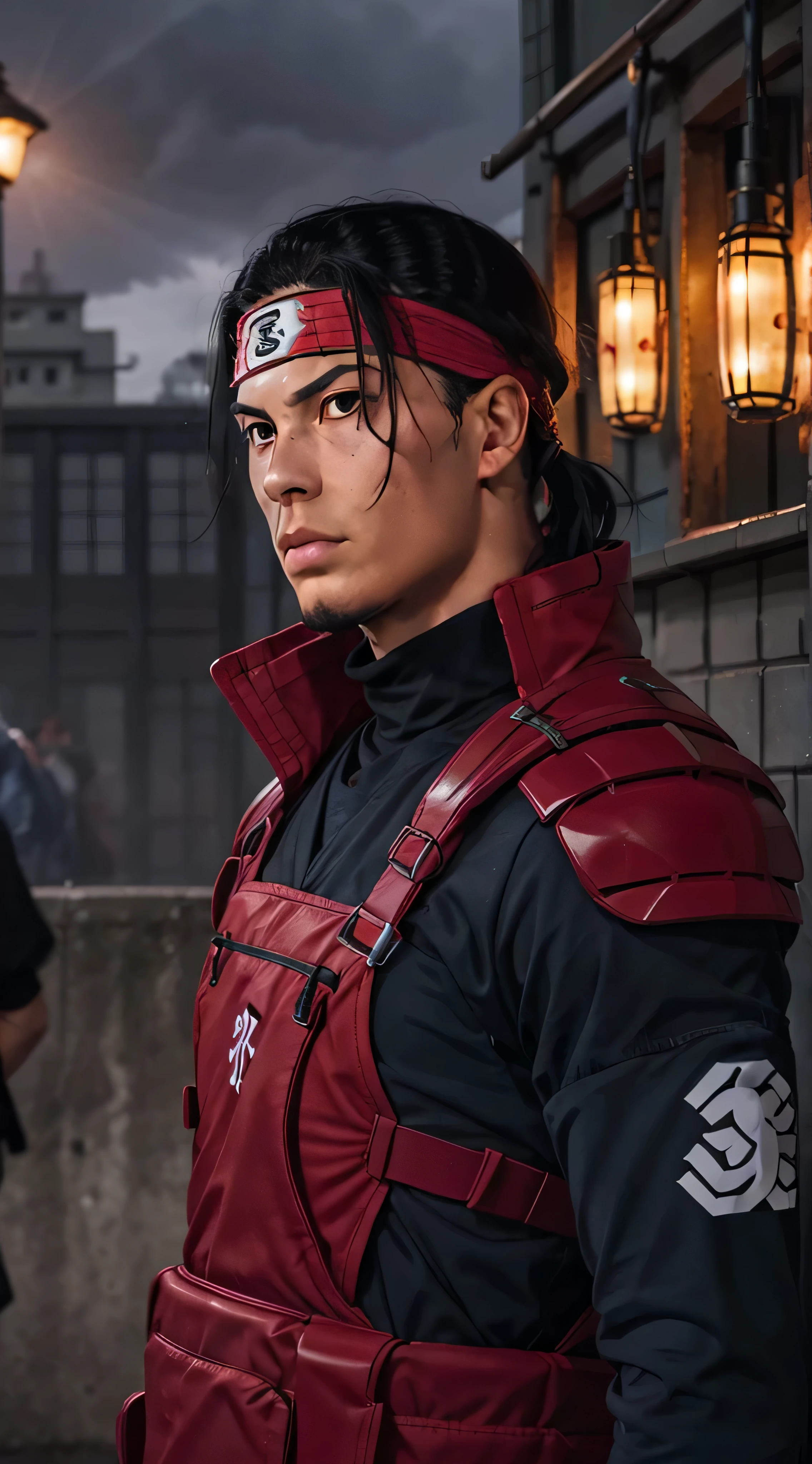 masterpiece, best quality, ultra-detailed, upper body shot, 1man, male focus, hashirama senju, wearing red armor, long black hair, Konoha headband, cool attitude, dinamic lighting, vivid colours, Urban Background ,