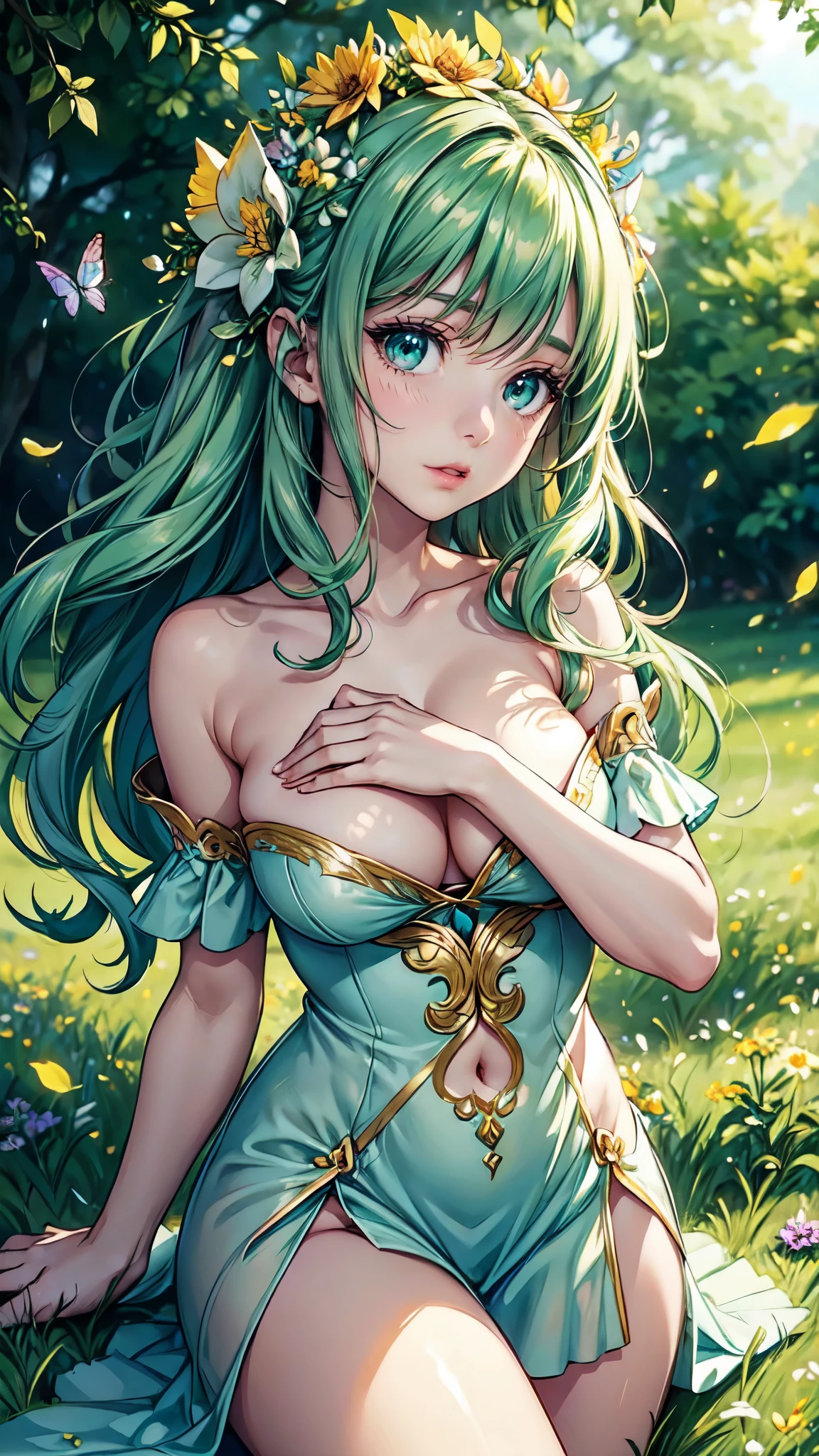 fantasy girl,detailed face,detailed eyes,lush green grass,abundant colorful flowers,soft sunlight,enchanted atmosphere,butterflies flying around,delicate petals floating in the air,ethereal beauty,harmonious colors,impressive level of detail,imagination and creativity,airy and dreamlike,soft and gentle,storytelling quality,best quality,ultra-detailed,realistic,bokeh