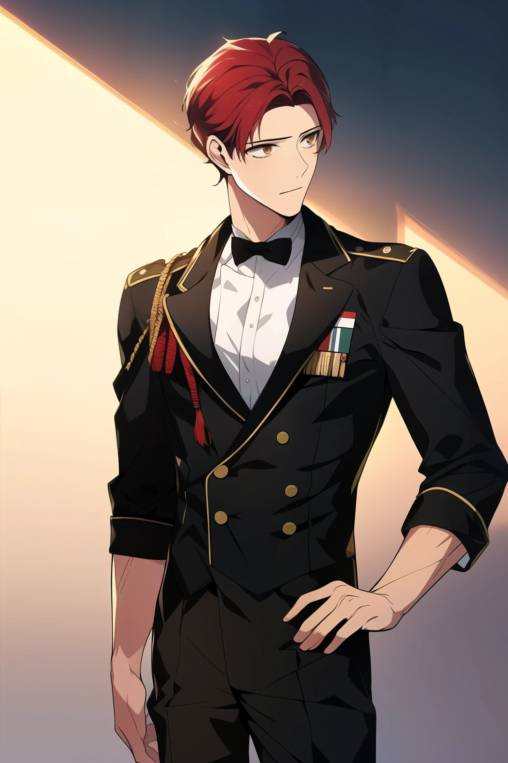 ((best quality)), ((masterpiece)), (detailed), (a man), perfect face, standing half body, facing forward, white pale skin, red hair, dark brown eyes, fit muscular body, black historical military clothes,