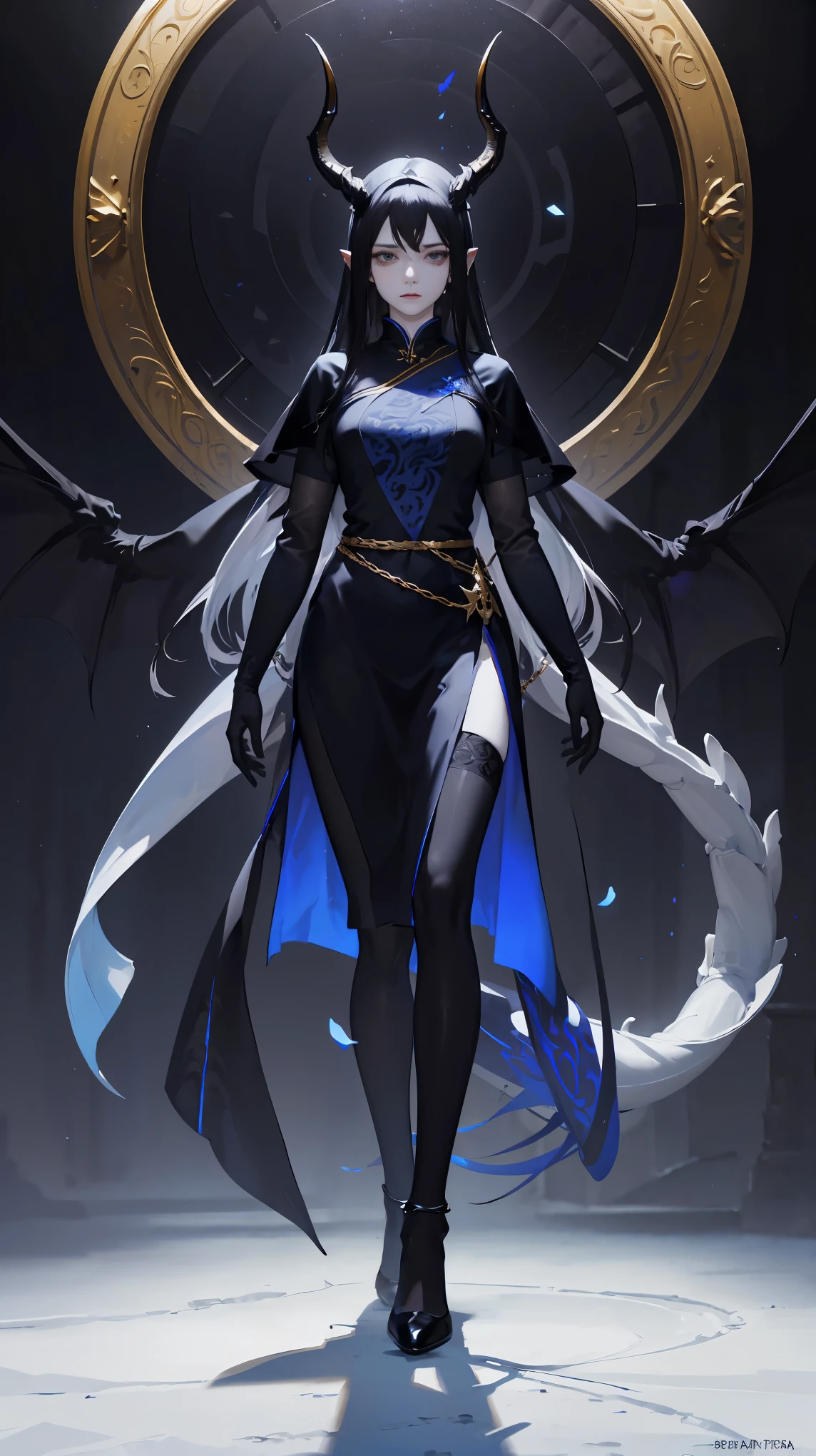 Seven Rhaeyar (Deylta), Ancient Star goddess, Perfect female anatomy (Adult Female, 166cm in height, pale skin, slim, slender, 34D breast size, Gray Eyes, Long Black Hair, Beauty Mark Mole on right cheek bone, a set of black horns on her head), Neutral facial expression, Elegant white, black and blue dress female uniform dress with gold and rope accessories and dragon motifs, Black background, receiving light from the front, Ethereal glow, blue petals