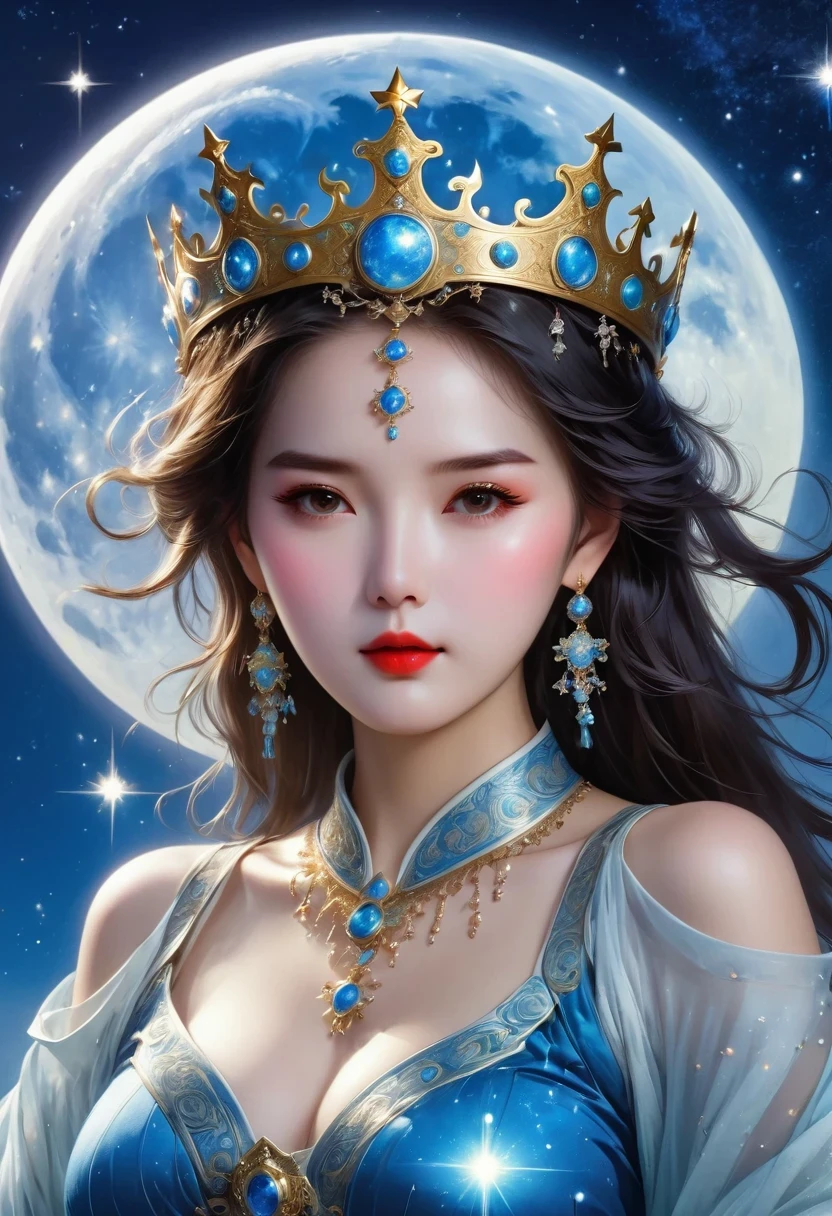 tarot cards, Complete tarot cards border，（Best image quality），1 girl，Dressed in Queen&#39;s Clothing，（Full body female love），scepter in hand，wear a crown on your head，（Perfect body），（Perfect facial depiction），Blue starry sky，（Very large moon close-up），Star（sparkling），clothing（Shiny），（masterpiece），（8k wallpaper），myth，fantasy theme，Surrealism，realistically