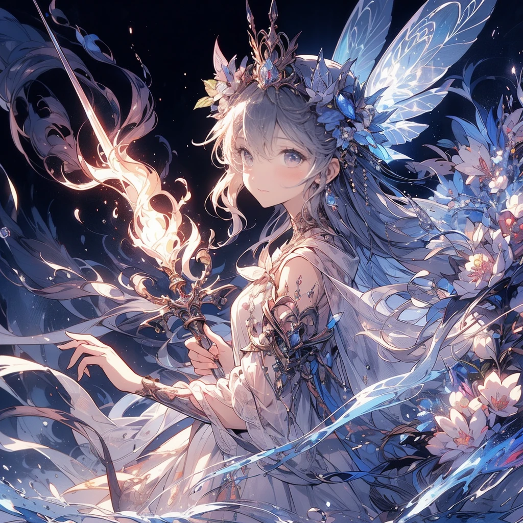 (exquisite, beautiful, very detailed, masterpiece, high quality,High resolution),(soft thin lines:1.2, beautiful and delicate face),In the darkness, a fairy princess knight holds a sword wrapped in flame magic and looks at me.,body whole,from a little far away,butterfly-like fairy wings, The fire is rising,((A red dress with a flame motif,lace and jewels and frills)),(The ends of her hair look like flames,The ends of the hair shine),(earrings,beautifulチョーカー,Gold ankles),(deep pink cheeks,plump pink lips,Fair skin, slim), (serious,battle scene,fantasy),Mature,