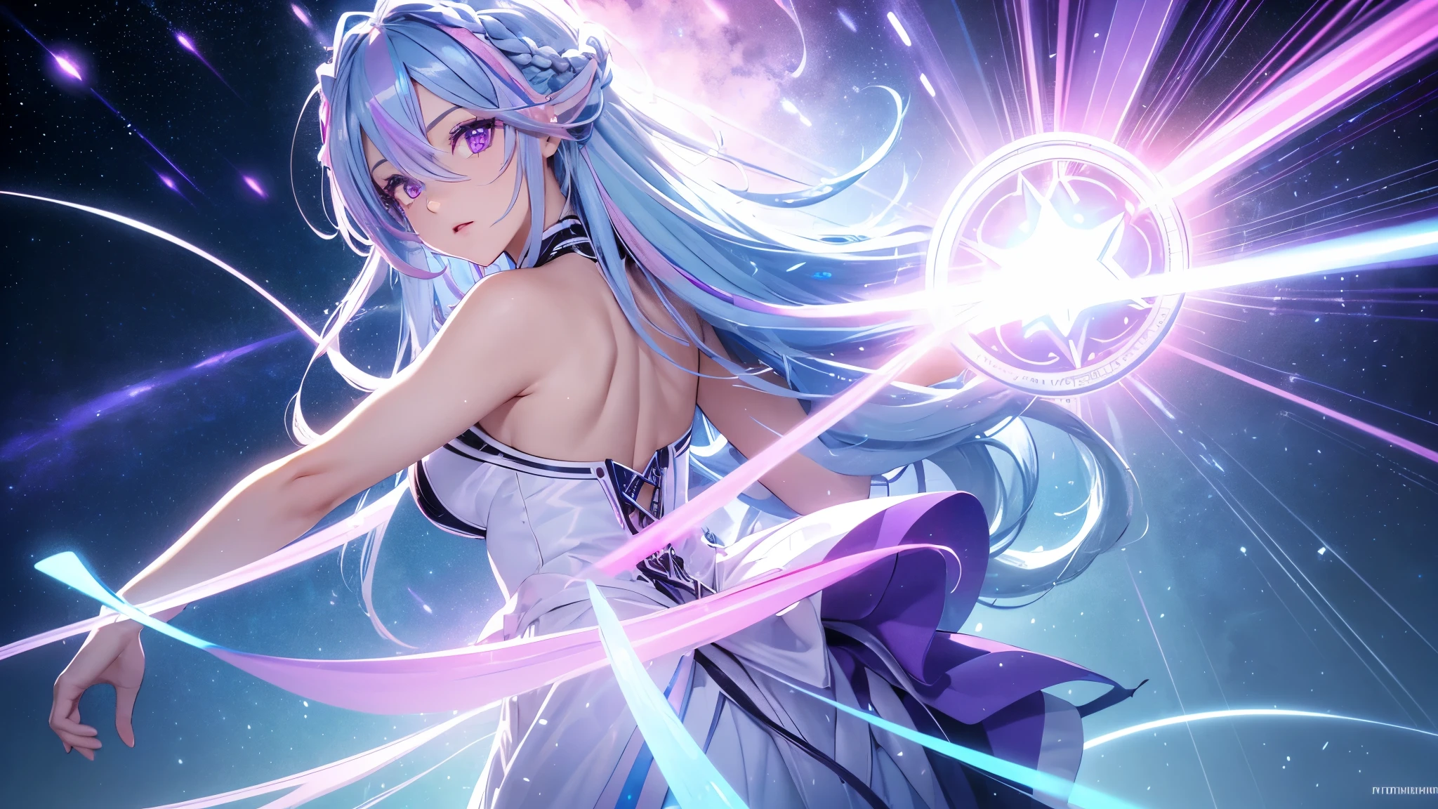 a  goddess of light, (Silver blue hair streaked pink purple:1.4), (Gradient sky blue hair ends:1.6), hair strand, absurdly long hair, single sidelock, wavy hair, shiny hair, floating hair, (glowing Illusion deep purple eyes), delicate eyes, aqua eyes, High like real eyes, ((glowing eyes)), makeup, Focus on face, Very detailed facial, hot body, Random environment, Random pose, on the street, looking at the starry night sky, meteor, glowing clothing masterpiece, pure White extra long floating skirt, several glowing colored cross stars beside, Colored lights swirl around the body, (((glowing Extra large Illusion multiple complex magic circle stand upright floating on the back of the head))), full body shot, realism, chiaroscuro, (glowing light), sparkle, ray tracing, cinematic lighting, Futurism, motion blur, Ultra-Wide Angle, god rays, atmospheric perspective, best quality, UHD, super detail, masterpiece, highres, ccurate, retina