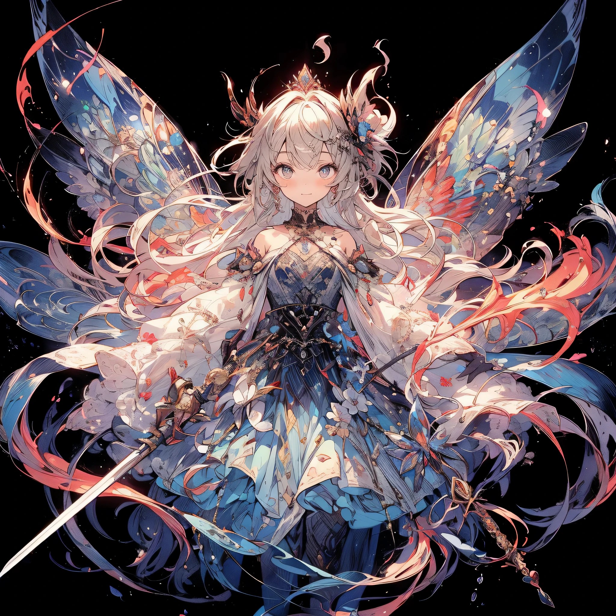 (exquisite, beautiful, very detailed, masterpiece, high quality,High resolution),(soft thin lines:1.2, beautiful and delicate face),In the darkness, a fairy princess knight holds a sword wrapped in flame magic and looks at me.,body whole,from a little far away,butterfly-like fairy wings, The fire is rising,((A red dress with a flame motif,lace and jewels and frills)),(The ends of her hair look like flames,The ends of the hair shine),(earrings,beautiful choker,Gold ankles),(deep pink cheeks,plump pink lips,Fair skin, slim), (serious,battle scene,fantasy),Mature,