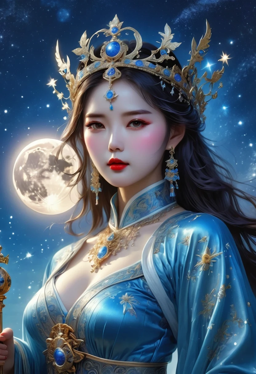 tarot cards, Complete tarot cards border，（Best image quality），1 girl，Dressed in Queen&#39;s Clothing，（Full body female love），scepter in hand，wear a crown on your head，（Perfect body），（Perfect facial depiction），Blue starry sky，（Very large moon close-up），Star（sparkling），clothing（Shiny），（masterpiece），（8k wallpaper），myth，fantasy theme，Surrealism，realistically