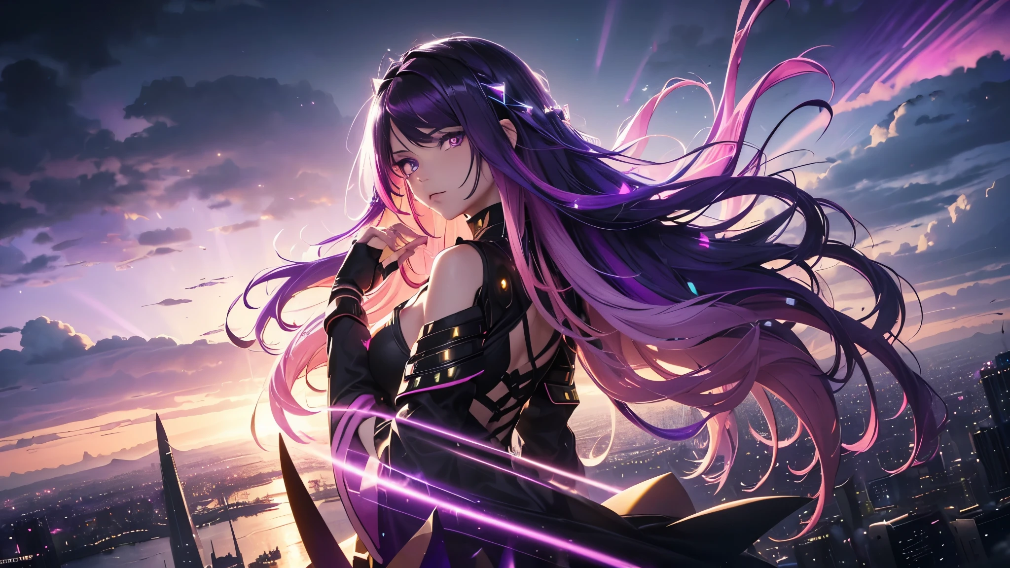 a 20 year old goddess of dark, (dark purple hair streaked glowing yellow :1.4), (Gradient pink purple hair ends:1.6), hair strand, absurdly long straight hair, shiny hair, floating hair, (Illusion deep purple eyes), delicate eyes, aqua eyes, High like real eyes, ((glowing eyes)), makeup, Focus on face, Very detailed facial, sexy and fittness body, Random environment, Random pose, (((Floating in the sky of the city))), (((Floating on the dark clouds))), Technical glowing clothing masterpiece, (((Black armor))), several colored crystal shard beside, purple lights swirl around the body, (((Extra large colorful glowing magic circle floating stand upright on the back of the head))), full body shot, realism, chiaroscuro, (glowing light), sparkle, ray tracing, cinematic lighting, Futurism, motion blur, Ultra-Wide Angle, god rays, atmospheric perspective, best quality, UHD, super detail, masterpiece, highres, ccurate, retina