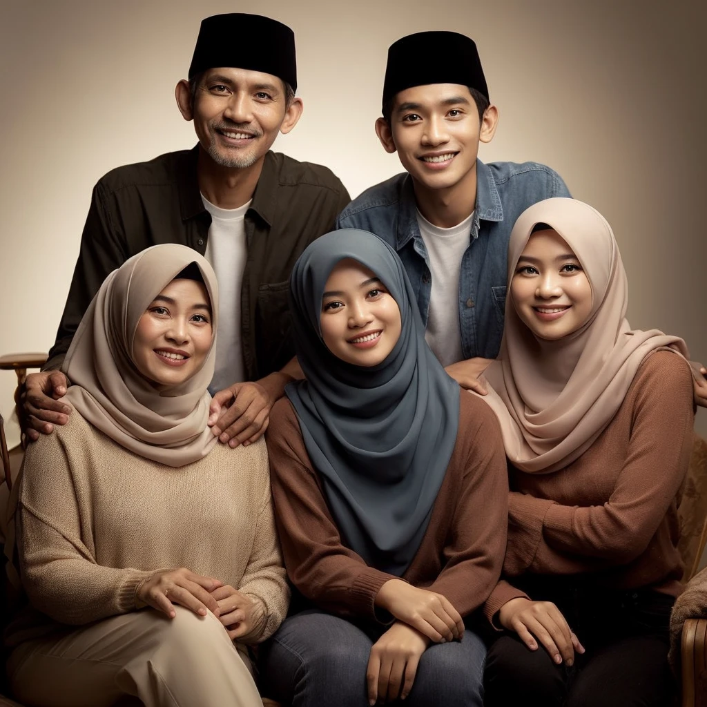 Indonesian family photo containing 5 smiling people sitting in realistic chairs, sharp details in natural light, consisting of mother wearing a hijab aged 40 years, slightly fat, thin father aged 45 years wearing a black cap, slightly fat son aged 19 years, son woman wearing hijab age Girl in hijab 13 22 years old with photo studio background elegant, bright, 8k HD, ultra HD, real life face focus