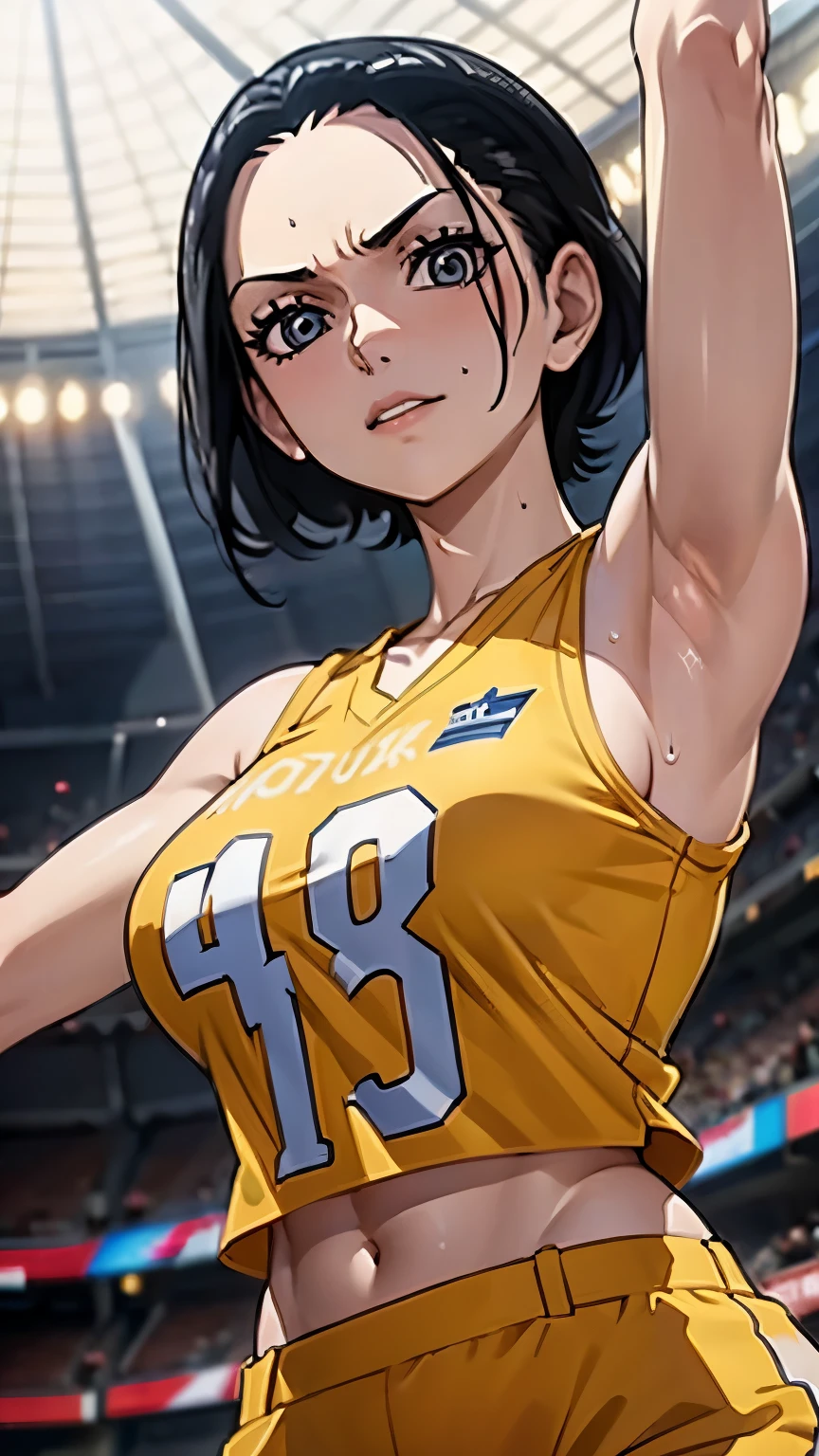 a close up of a person wearing a basketball uniform, a picture, inspired by Kentaro Miura, trending on pixiv, Nico Robin, One Piece, wearing yellow nba jersey, yellow croptop nba jersey, wearing a low cut croptop, wearing croptop, croptop, golden raito, (winking), shirobako, large)}], favorite scene, fine details. anime. skins, sweating, big breasts, both hands raised, armpits, armpits visible, dripping with sweat, more more sweat, sweaty armpits