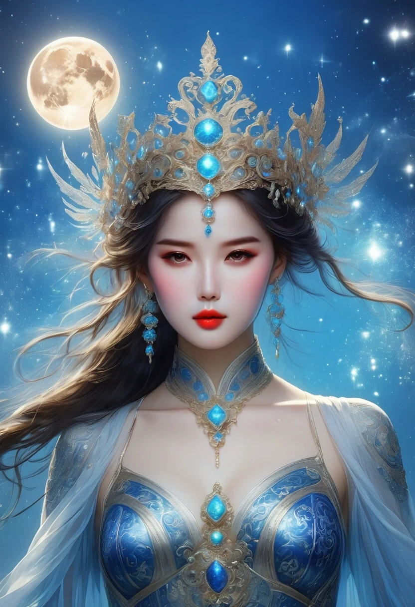 tarot cards, Complete tarot cards border,(Best image quality),1 girl,Dressed in Queen's Clothing,(Full body female love),scepter in hand,wear a crown on your head,(Perfect body),(Perfect facial depiction),Blue starry sky,(Very large moon close-up),Star(sparkling),clothing(Shiny),(masterpiece),(8k wallpaper),myth,fantasy theme,Surrealism,realistically