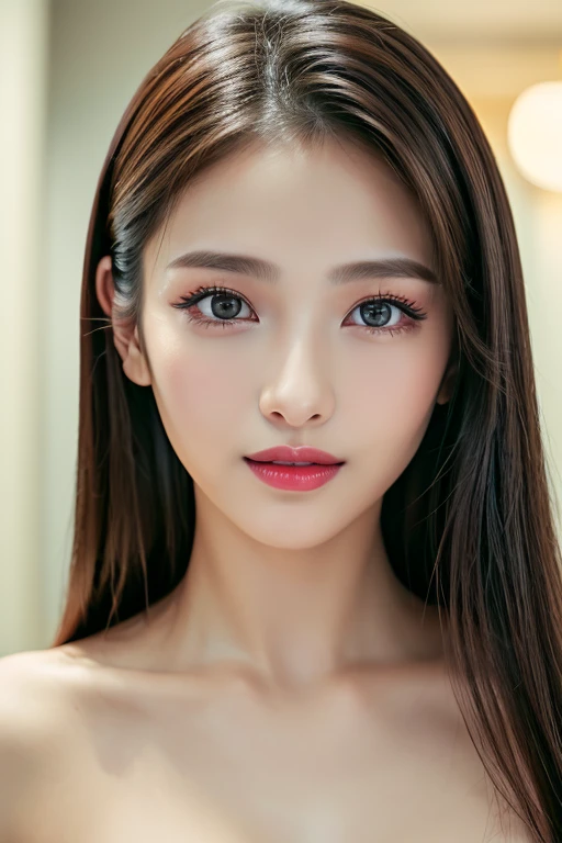 (highest quality、table top、8K、best image quality、Award-winning work)、(one young girl, :1.3)、(red eyeshadow:1.2)、perfect makeup、long eyelashes、Super high-definition sparkling eyes、ultra high definition hair、ultra high resolution glossy lips、Super high resolution perfect teeth、Super high resolution cute face、brown hair、(very long straight hair:1.1)、look at me and smile、[clavicle]、accurate anatomy、Luxury love hotel、(The most moody warm lighting:1.2)、blurred background、Super high-resolution glossy and moisturized face、Super high resolution glowing skin、most detailed face、Ultra high resolution detailed faces、ultra high resolution hair、Super high resolution sparkling eyes、Beautiful face drawn in every detail、Super high resolution glossy red lips、(((Naked 1.5)))、(((full nude 1.5)))、