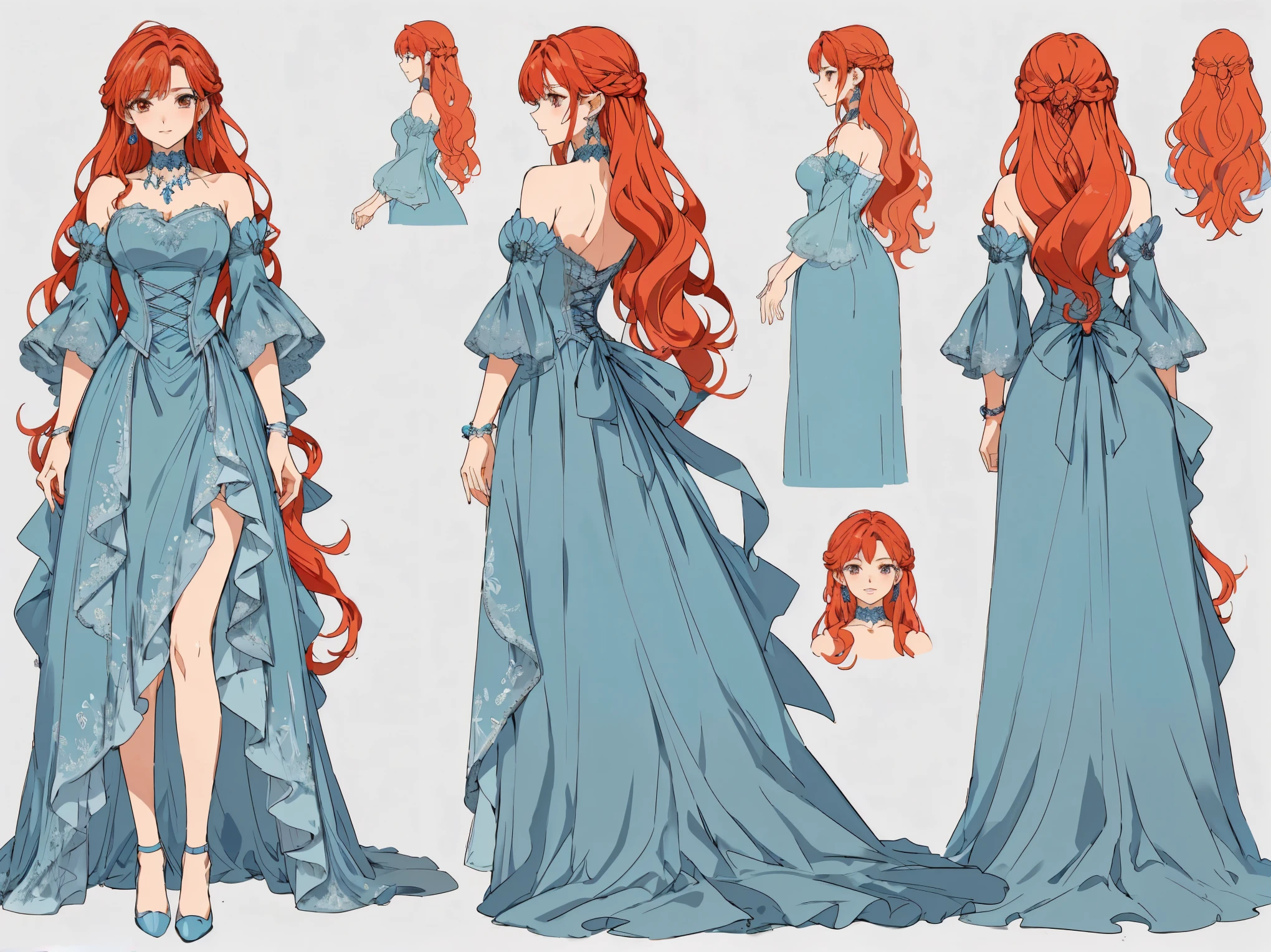 Close-up of woman in blue dress with red hair, pretty Anime character design, Anime character design, anime full body illustration, detailed drawing of an anime character, Kushart Krenz Kay Art for women, Shōjo manga character design, Anime Characters Reference Sheet, beautiful full body concept art, full body character design, best Anime character design