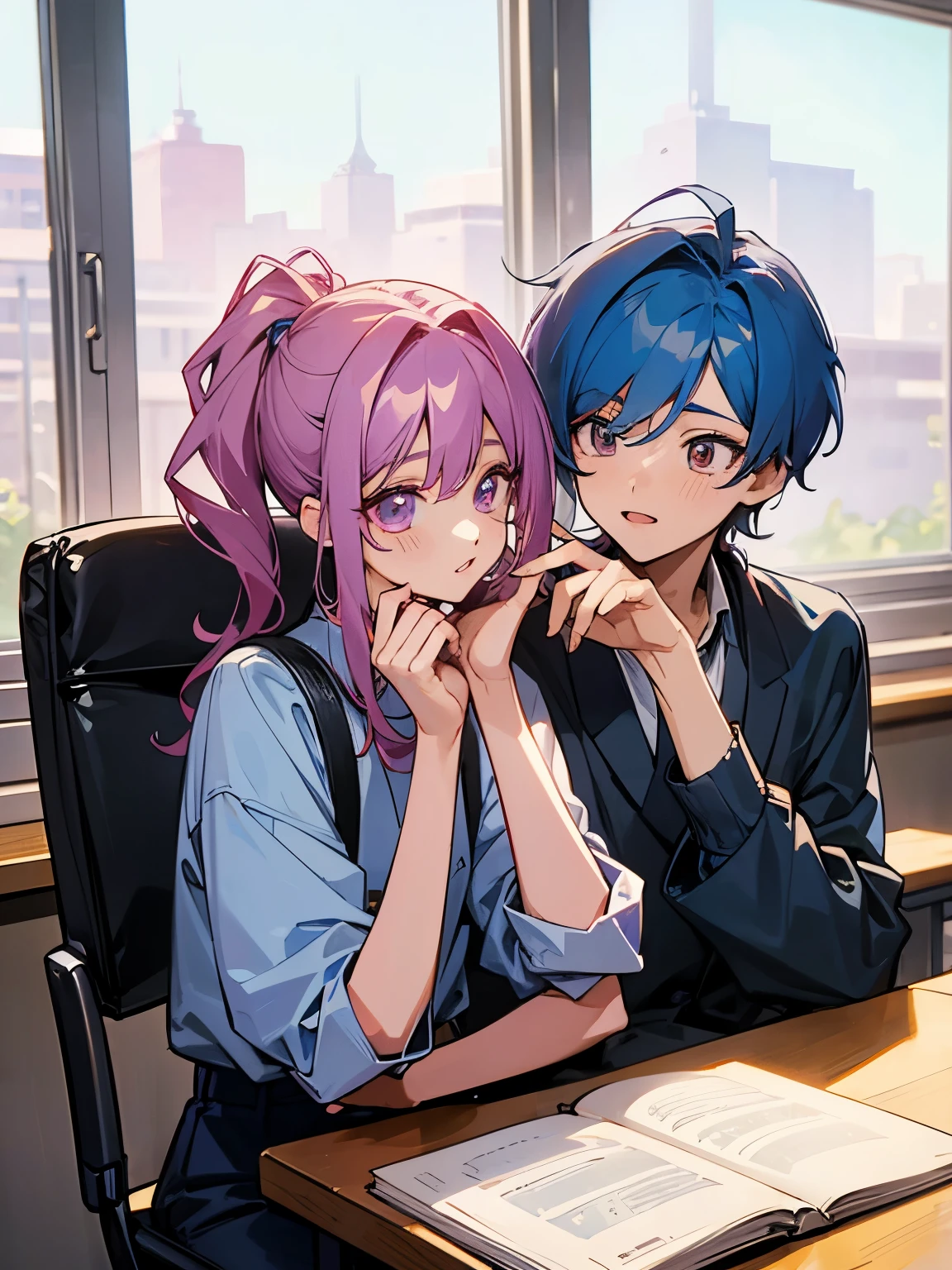 cartoon of two boys sitting at a table with a book and a backpack, ddlc, in the art style of 8 0 s anime, 9 0 s anime style, 90s anime style, in anime style, in an anime style, anime aesthetic, anime vibes, 9 0 s anime aesthetic, 9 0 s anime art style, lofi boy, typical anime classroom, beautiful background window, two cute boys, beautiful faces, two boys, don't extra hands, NO extra hands, generate two boys with NO extra hands