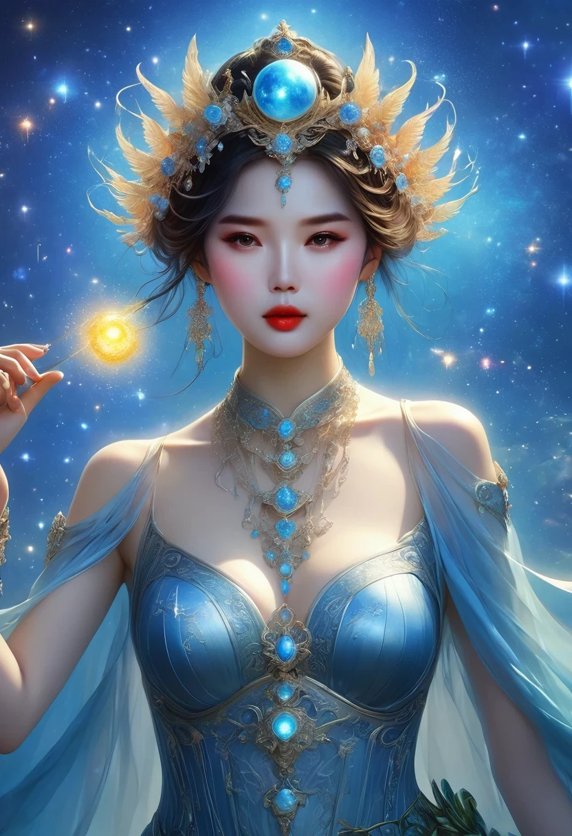 ((masterpiece), best quality, high quality, professional quality, highly detailed, highres, perfect lighting, natural lighting), An ethereal creation that transcends reality, transporting the viewer to a dreamlike realm, Rose, Within a shimmering sanctuary, a garden of dreams materializes, its iridescent blooms and shimmering petals a vision of pure fantasy, Quartz, Radiant luster that emits a vibrant and energetic glow, Attired, Goddess, Tall, Skinny, Oval Face,absolutely blue Skin, Light Brown Hair, gold Eyes, Wide Nose, Full Lips, Prominent Chin, Shoulder-Length Hair, Straight Hair, Straight Bob, large breasts, smile ,levitating, innovative time-travel device, A small, rocky moon orbiting a gas giant, with a network of subterranean tunnels carved by ancient inhabitants., Ice Planet, werewolf, manticore, chimera