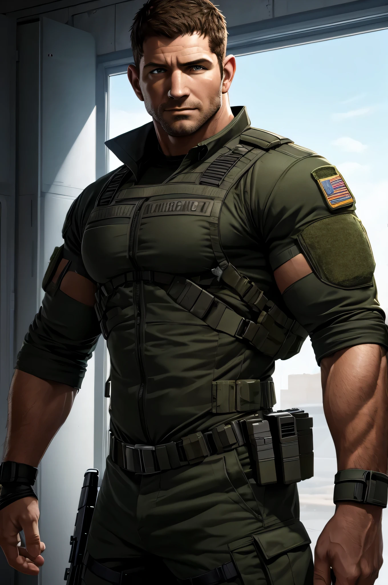 1 person, alone, 50 years old, chris redfield, giggle, looking at camera, Shoulders black,bsaa logo on shoulder, military tactical uniform, long shirt military bulletproof, tall and strong, biceps, abdominal muscles, Chest, best quality, masterpiece, High resolution:1.2, upper body shot