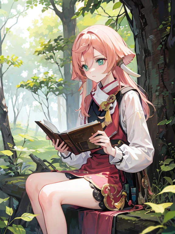 Sitting in the forest reading a book,pink hair,green eyes,accurate finger,cute,knee