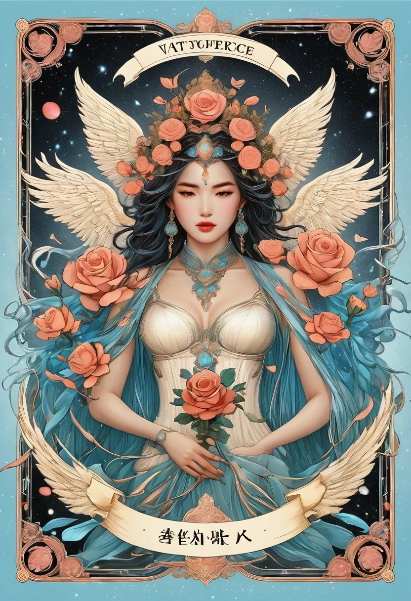 (tarot cards:1.5)，(tarot cards border:1.8)， Angel-like beautiful woman, Rose petals, Mexican decoration, God, Angel, Vector plane, Kaneko, Black, Aaron Hawkey, masterpiece, ultra high resolution, high quality, vector art，surreal，scepter，Blood，Rose，mask，Minimalism