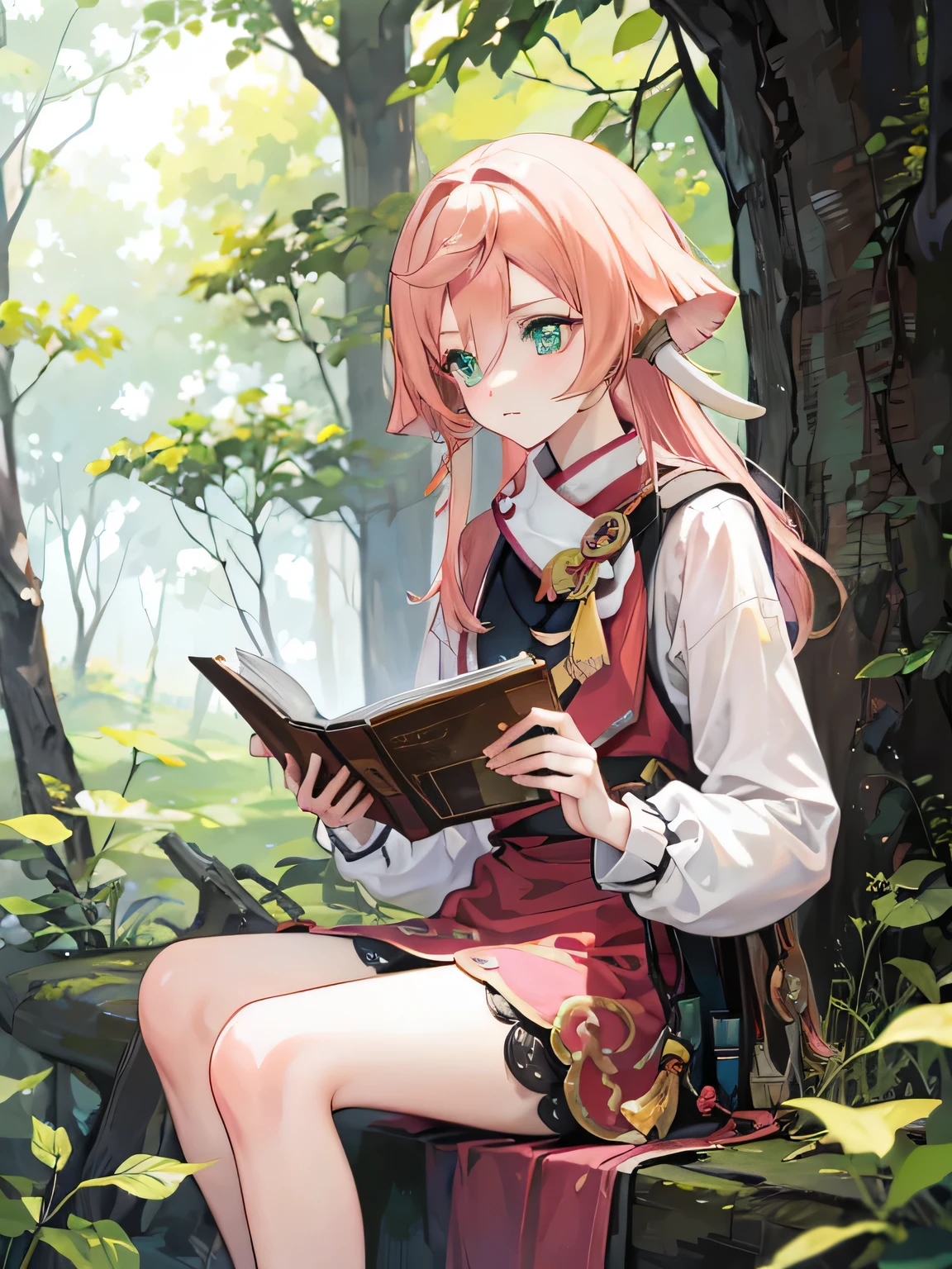 Sitting in the forest reading a book,pink hair,green eyes,accurate finger,cute,knee