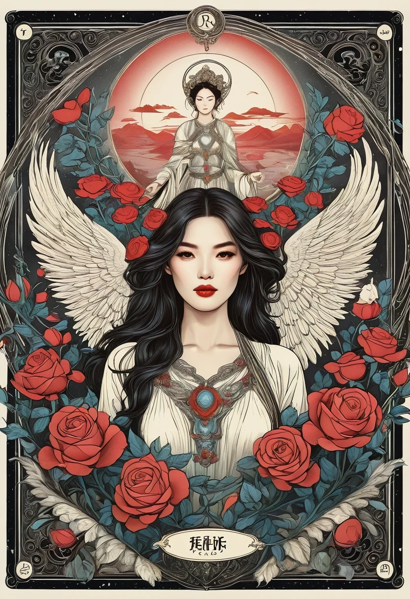 (tarot cards:1.5)，(tarot cards border:1.8)， Angel-like beautiful woman, Rose petals, Mexican decoration, God, Angel, Vector plane, Kaneko, Black, Aaron Hawkey, masterpiece, ultra high resolution, high quality, vector art，surreal，scepter，Blood，Rose，mask，Minimalism
