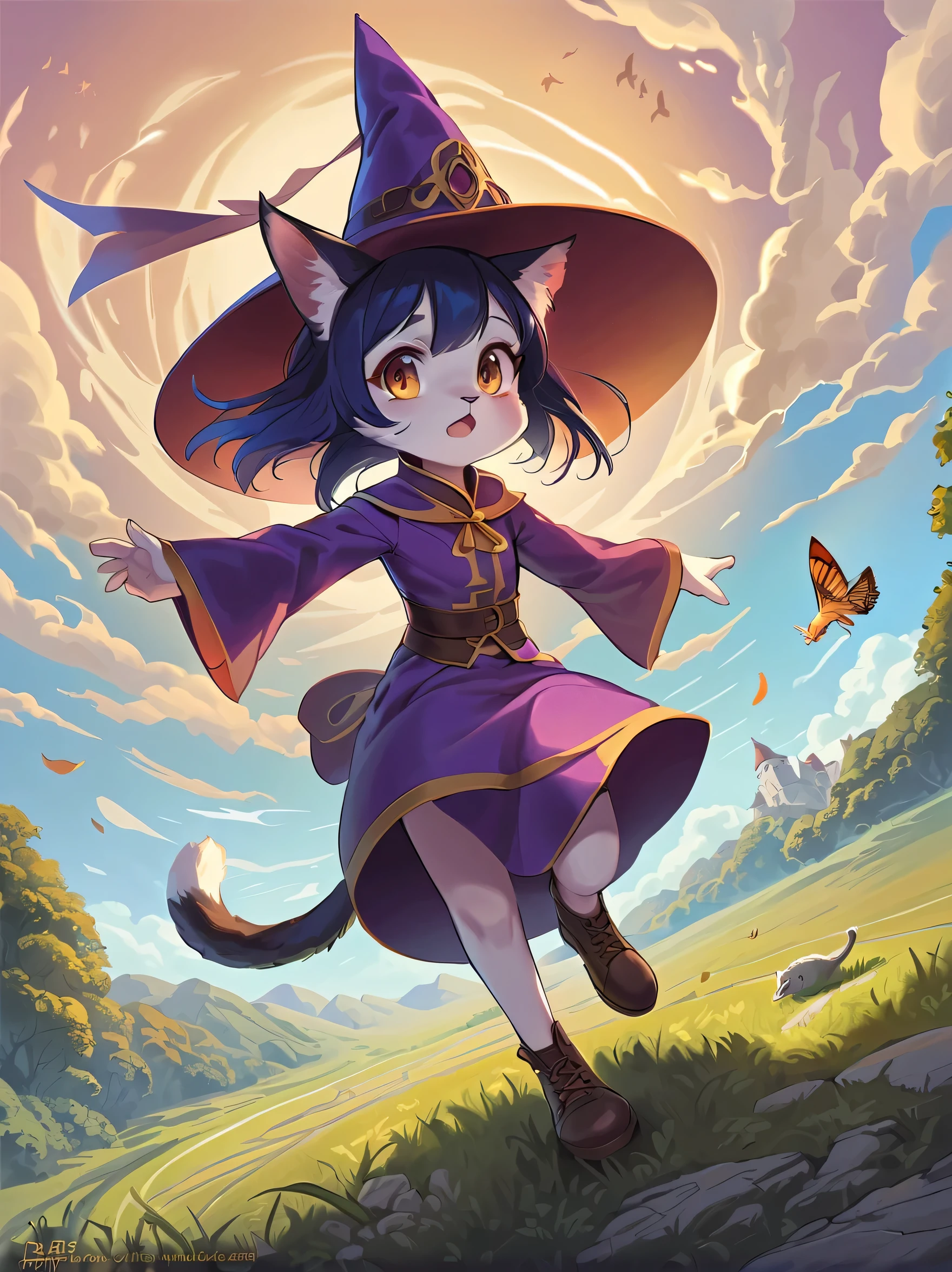 1 girl:Cat:cat ears:Cat&#39;s tail,perfect face,cute, Use of magic,Magic Effects,anatomically correct,(masterpiece, highest quality:1.2),masterpiece,highest quality,best masterpiece,8K,,Wind,fantasy,,wonderful,, Mysterious, charm, Whimsical, playful, adventurous, free, wonder, imagine, decide, skill, speed, movement, energy, realism, naturalistic, figurative, represent, beauty, fantasy culture, myth, fairy tale, folklore, Legend, witch, wizard, Magical creatures, fantasy worlds, composition, scale, Zenikichi, midway point, background, perspective, light, color, texture, get used to it, beauty, wonder,anatomically correct,Cat