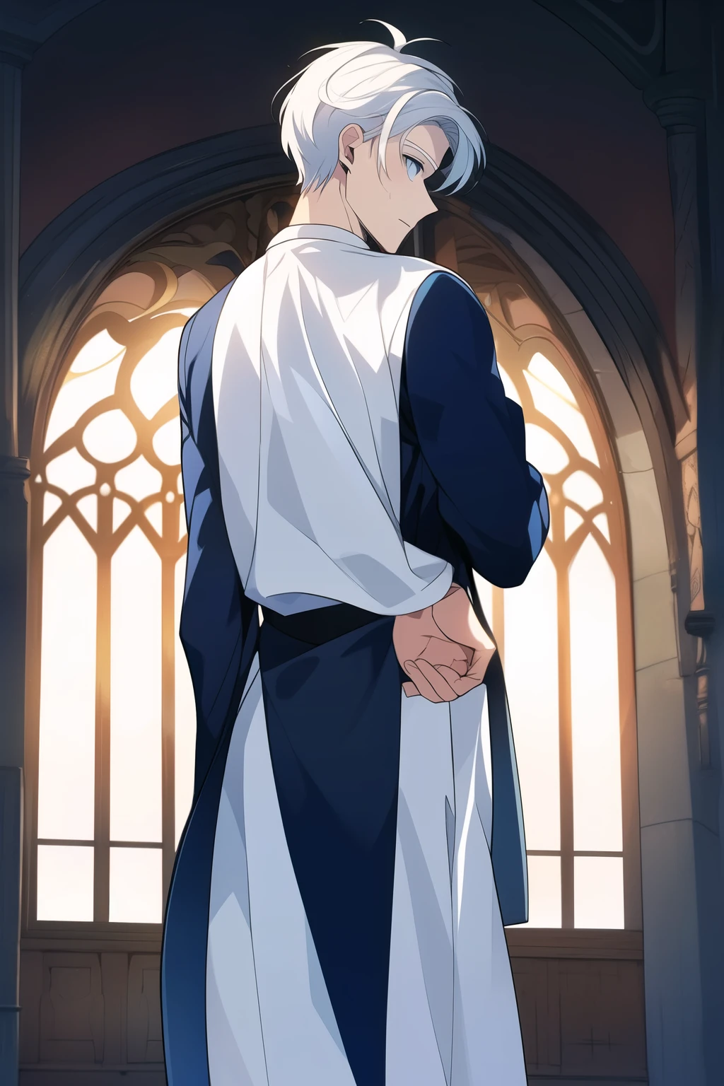 ((best quality)), ((masterpiece)), (detailed), (a man), perfect face, standing half body, facing forward, white pale skin, white hair, blue eyes, fit muscular body, priest clothes,