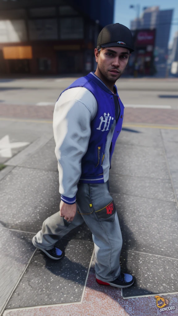 there is a young white man walking on the sidewalk, estilo de rua gta v, estilo hiper realista. Alto detalhe de realismo na roupa, on the face and hands.