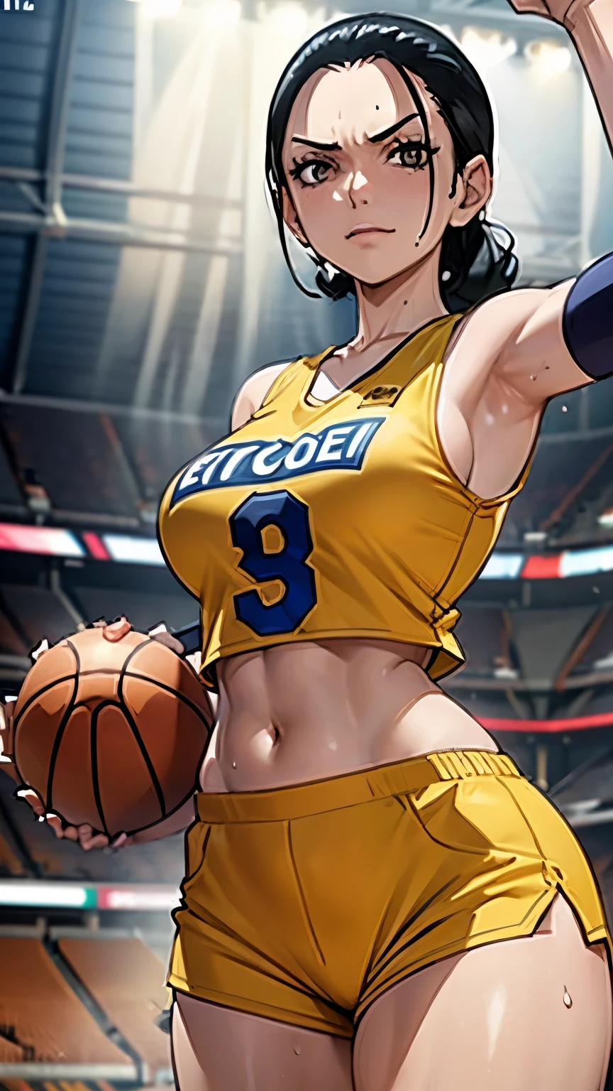 a close up of a person wearing a basketball uniform, a picture, inspired by Kentaro Miura, trending on pixiv, Nico Robin, One Piece, wearing yellow nba jersey, yellow croptop nba jersey, wearing a low cut croptop, wearing croptop, croptop, golden raito, (winking), shirobako, large)}], favorite scene, fine details. anime. skins, sweating, big breasts, both hands raised, armpits, armpits visible, dripping with sweat, more more sweat, sweaty armpits